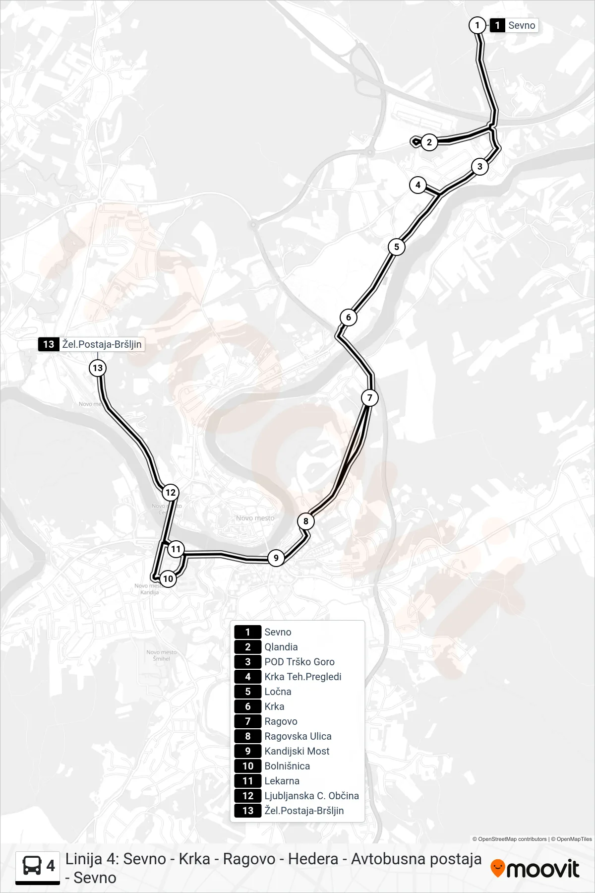 4 bus Line (Sevno - Bolnica - Železniška Postaja Bršljin) route and stops on a map