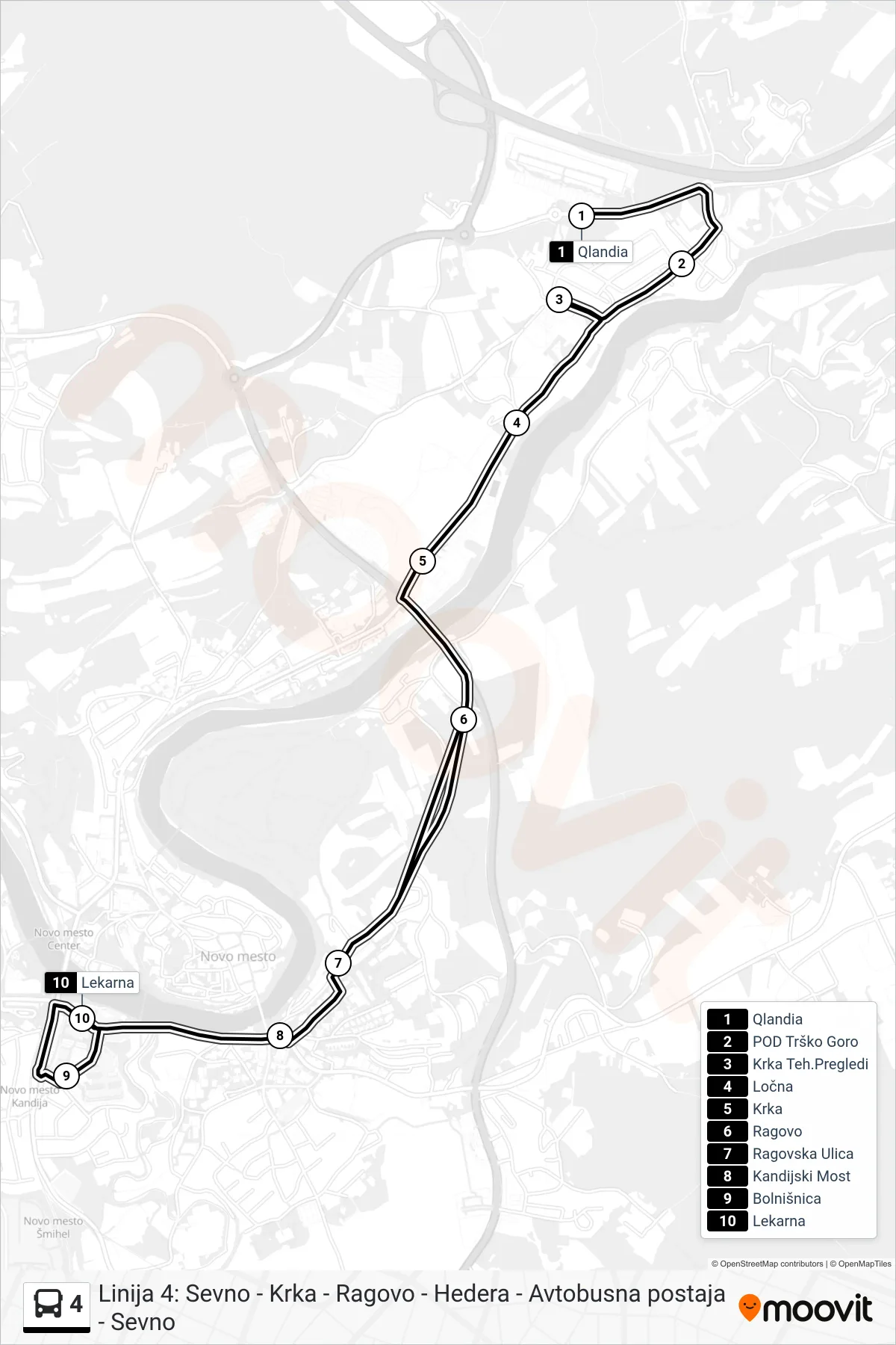 4 bus Line (Qlandia - Bolnica - Lekarna) route and stops on a map