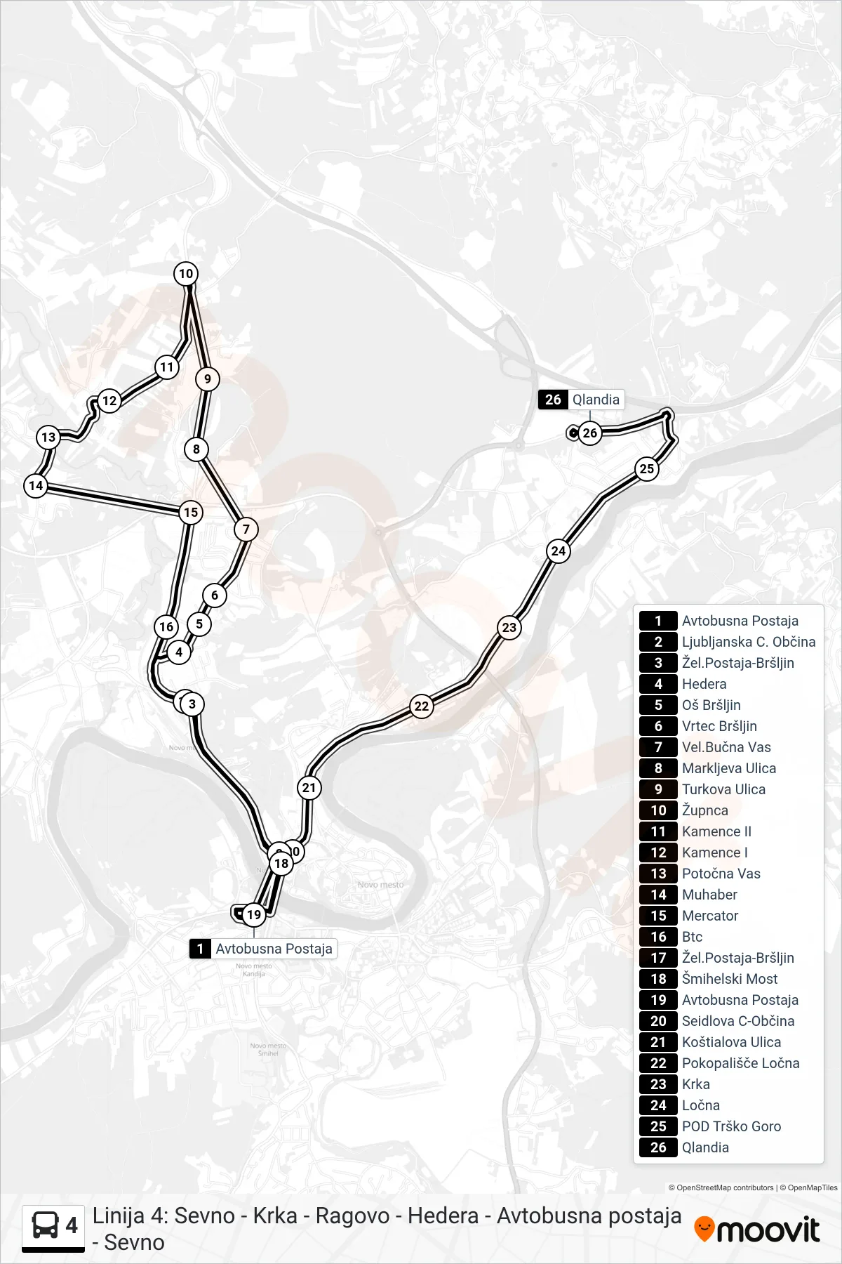 4 bus Line (Ap - Bršljin - (Župnca - Kamence - Potočna Vas - Mecator) - Ap - Qlandia) route and stops on a map