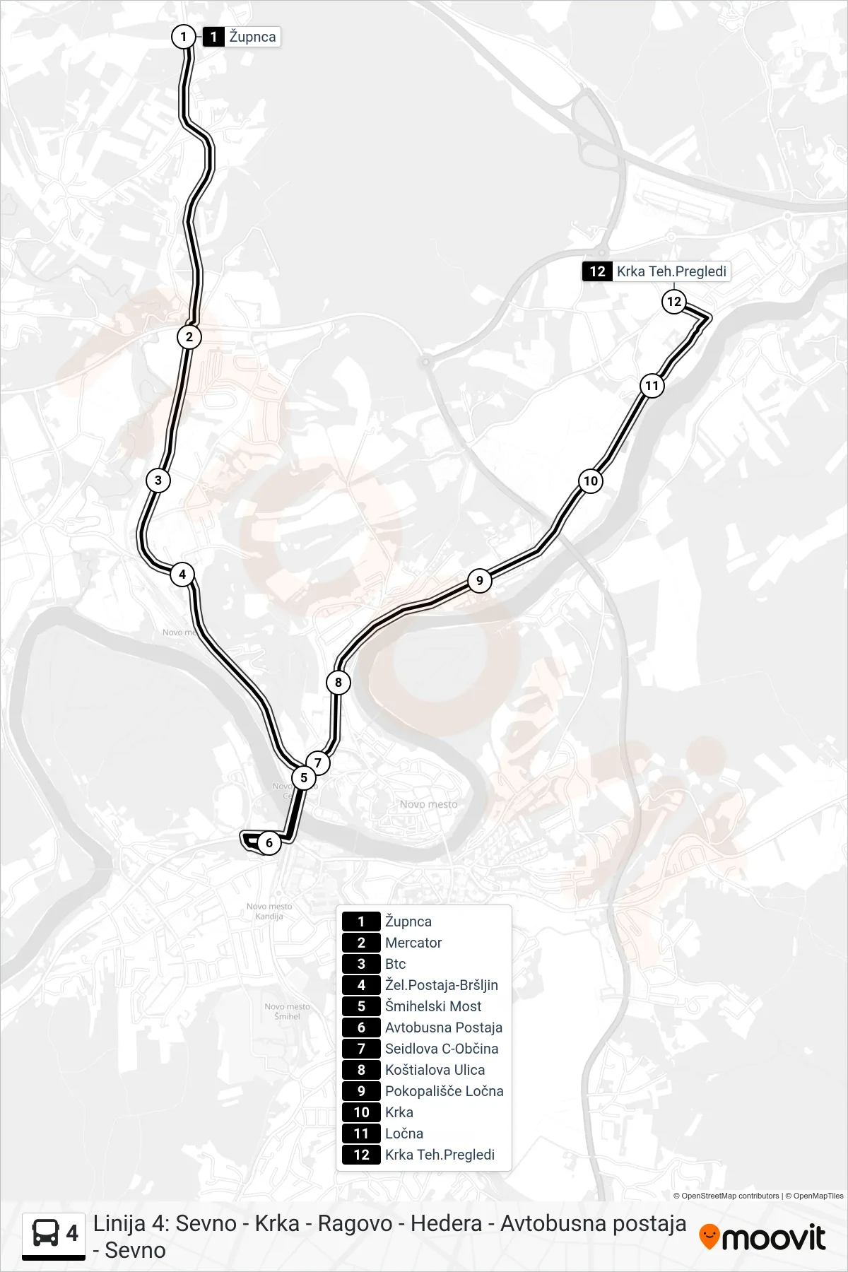 4 bus Line (Župnca - Ap - (Krka Teh.Pregledi)) route and stops on a map