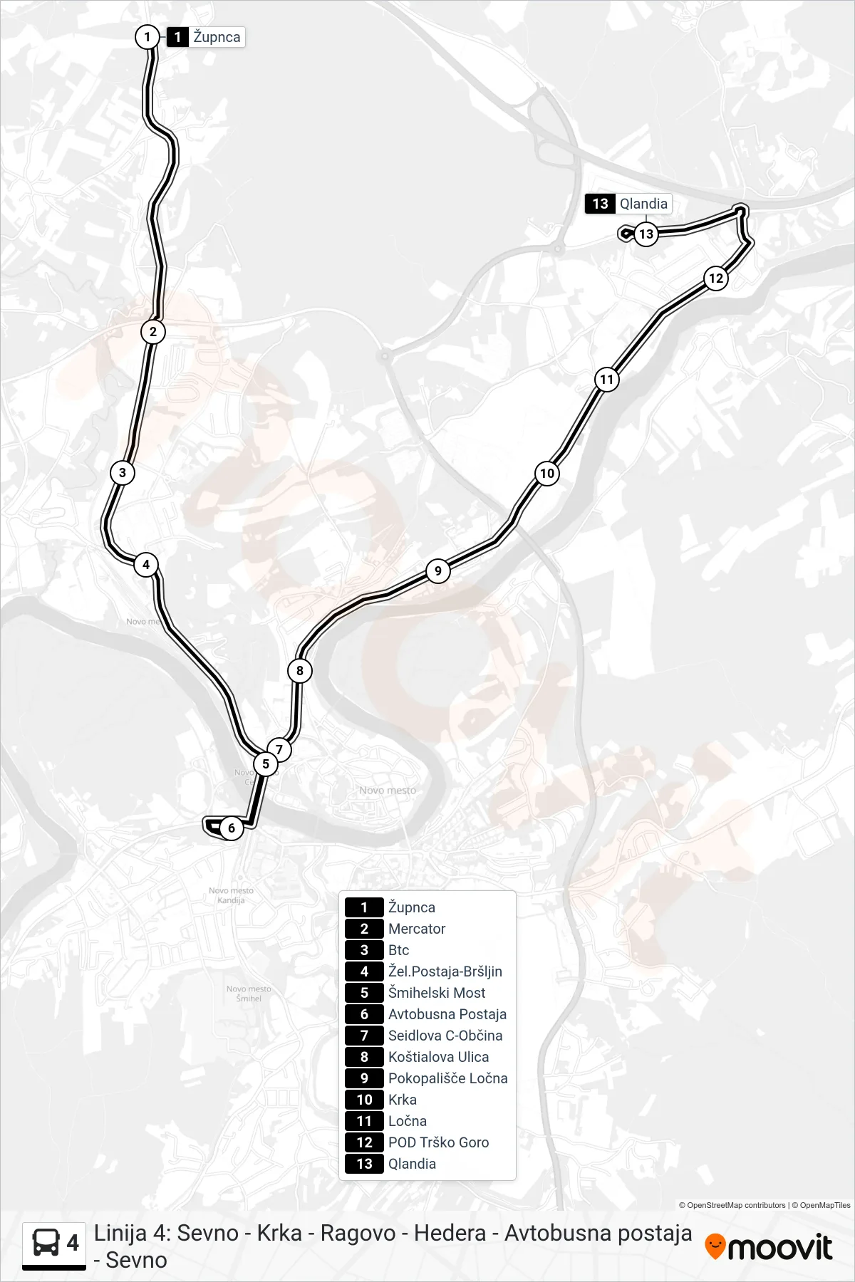 4 bus Line (Linija 1b - Župnca - Ap - Qlandia) route and stops on a map