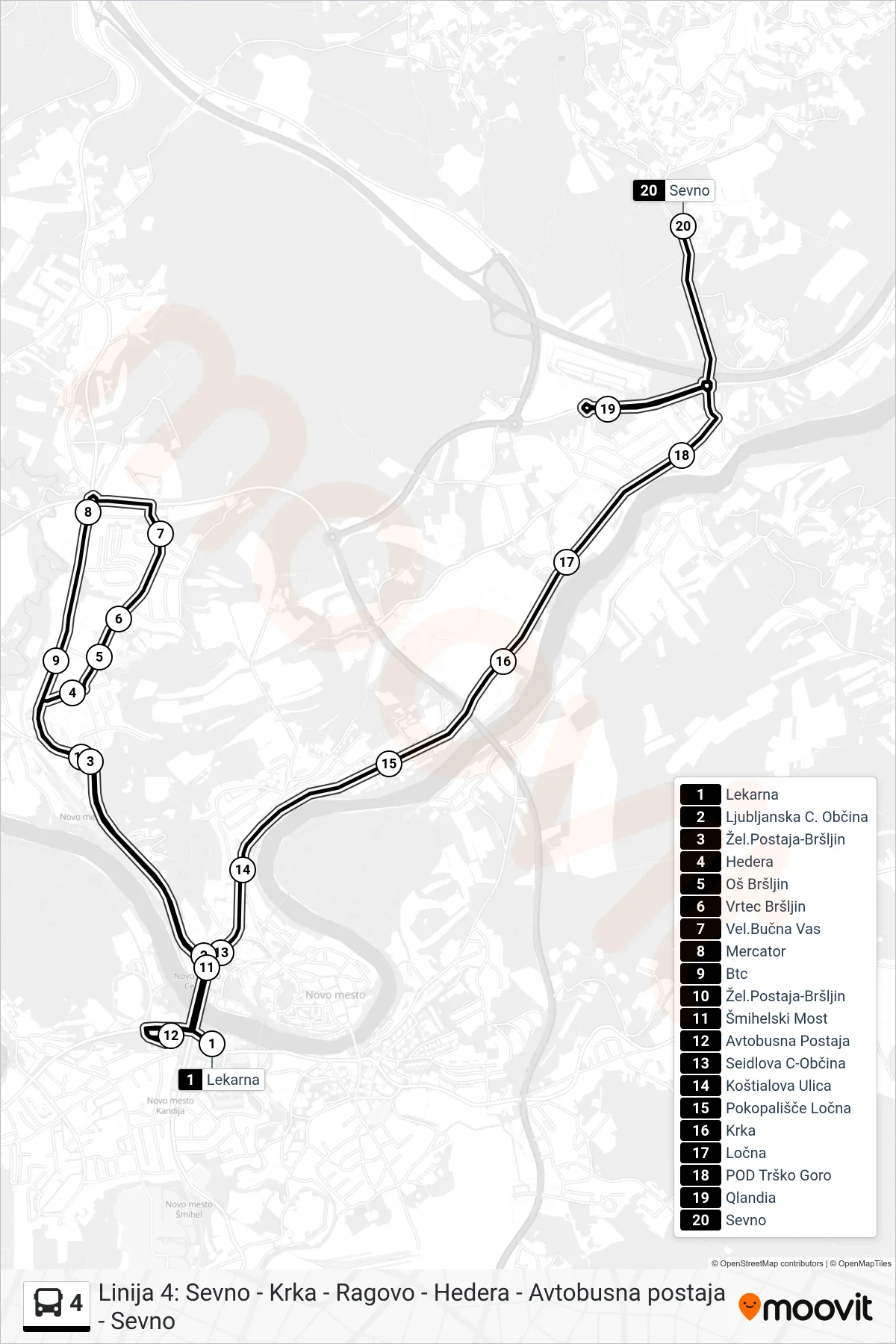4 bus Line (Lekarna - Bršljin - Ap - Sevno) route and stops on a map