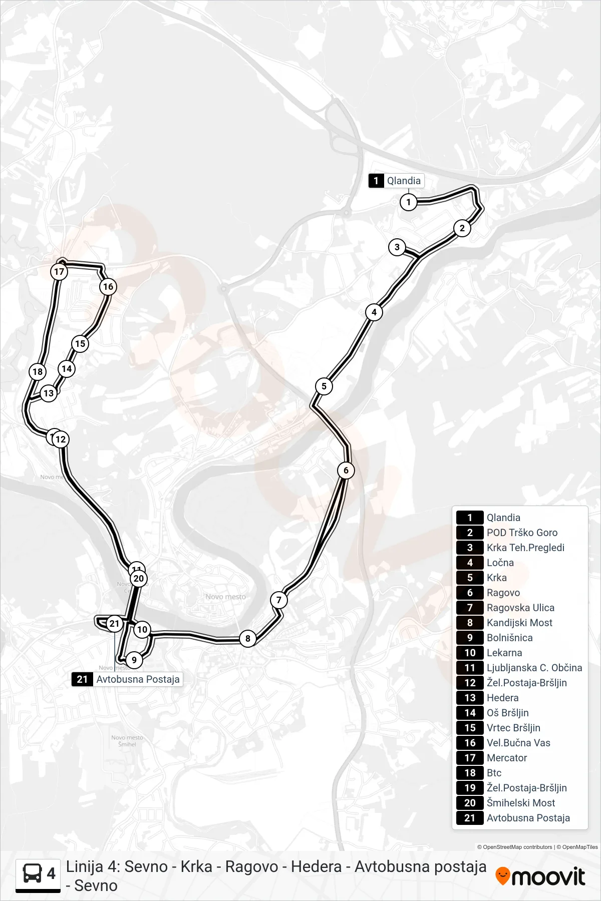 4 bus Line (Qlandia - Bolnica - Bršljin - Ap) route and stops on a map