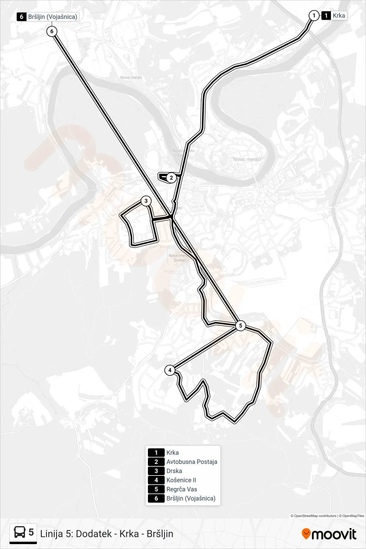 5 bus Line (Krka - Ap – Drska – Košenice - Regrča Vas - Bršljin) route and stops on a map