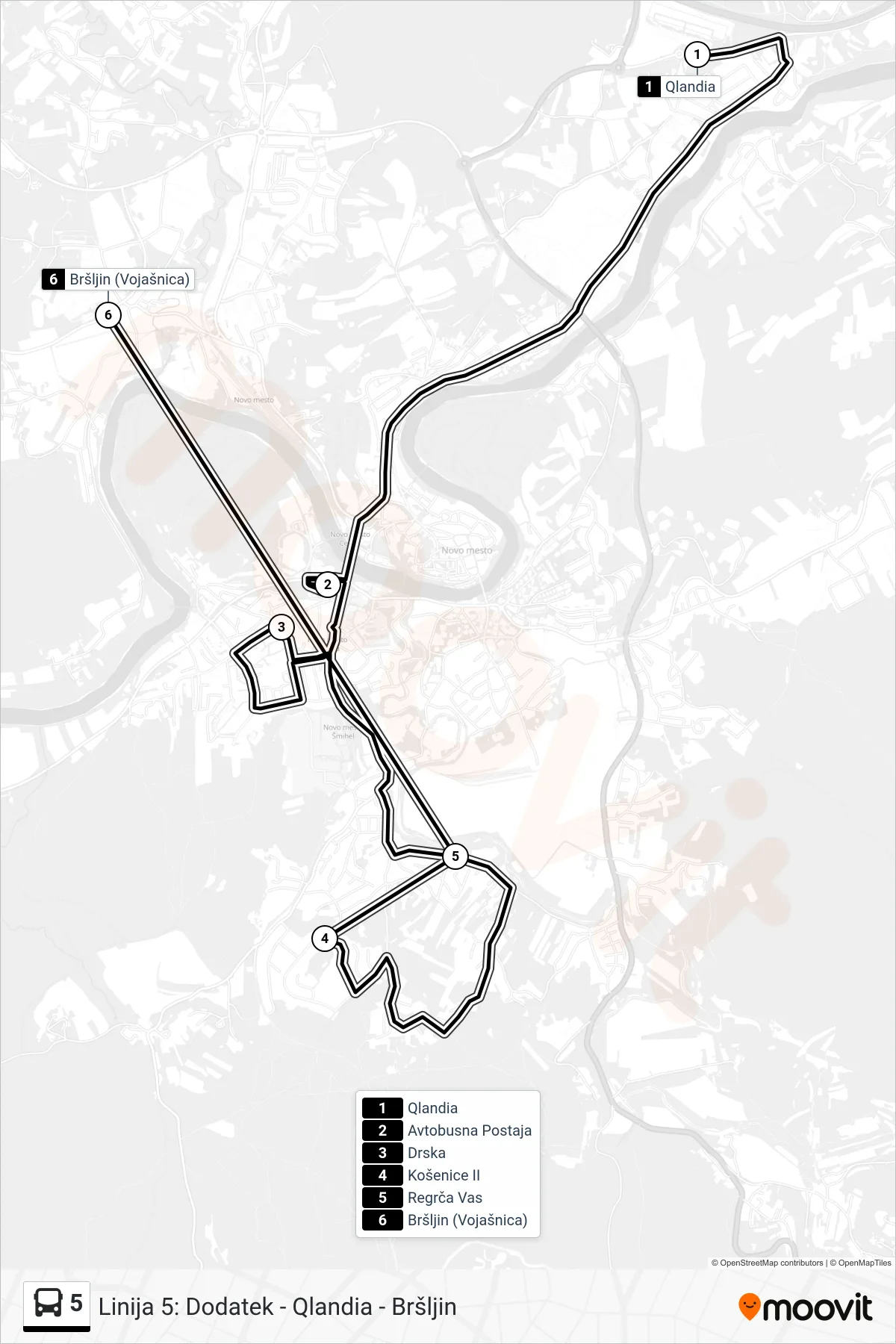 5 bus Line (Qlandia - Ap – Drska – Košenice - Regrča Vas - Bršljin) route and stops on a map