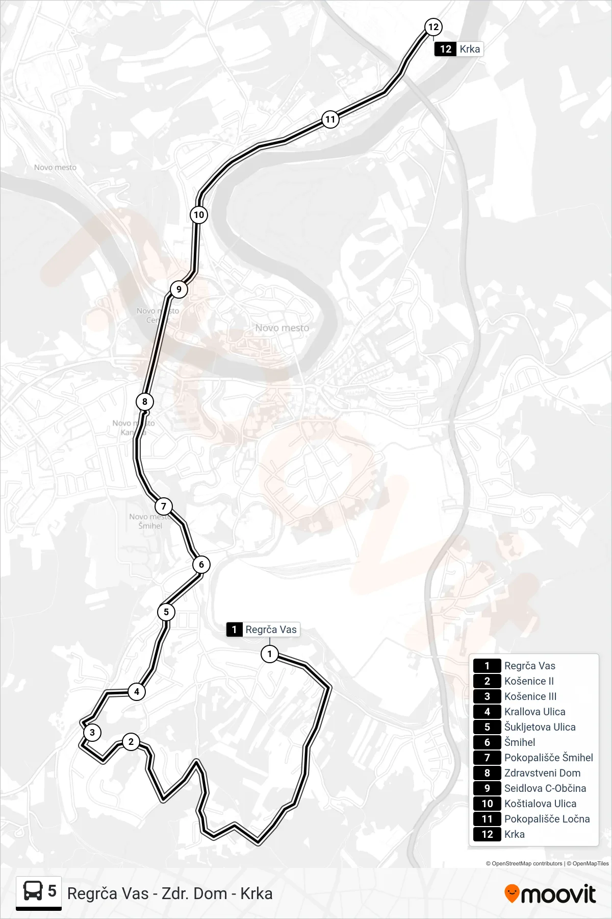 5 bus Line (Regrča Vas - Zdr. Dom - Krka) route and stops on a map