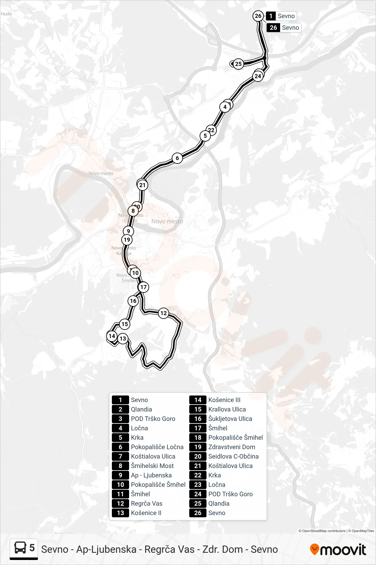 5 bus Line (Sevno - Ap-Ljubenska - Regrča Vas - Zdr. Dom - Sevno) route and stops on a map