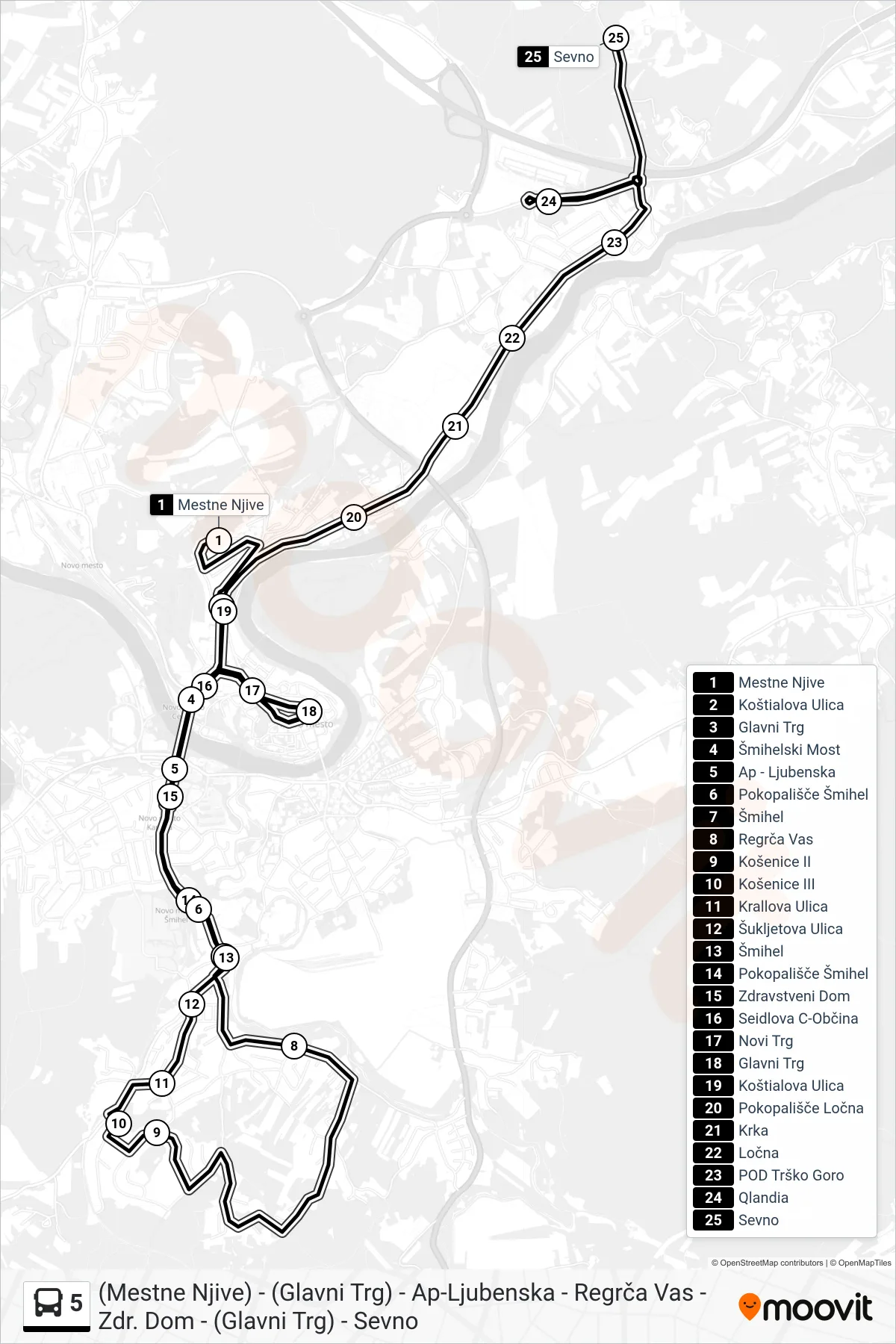 5 bus Line ((Mestne Njive) - (Glavni Trg) - Ap-Ljubenska - Regrča Vas - Zdr. Dom - (Glavni Trg) - Sevno) route and stops on a map