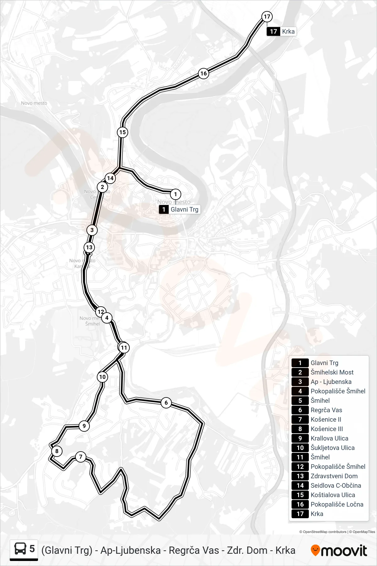 5 bus Line ((Glavni Trg) - Ap-Ljubenska - Regrča Vas - Zdr. Dom - Krka) route and stops on a map
