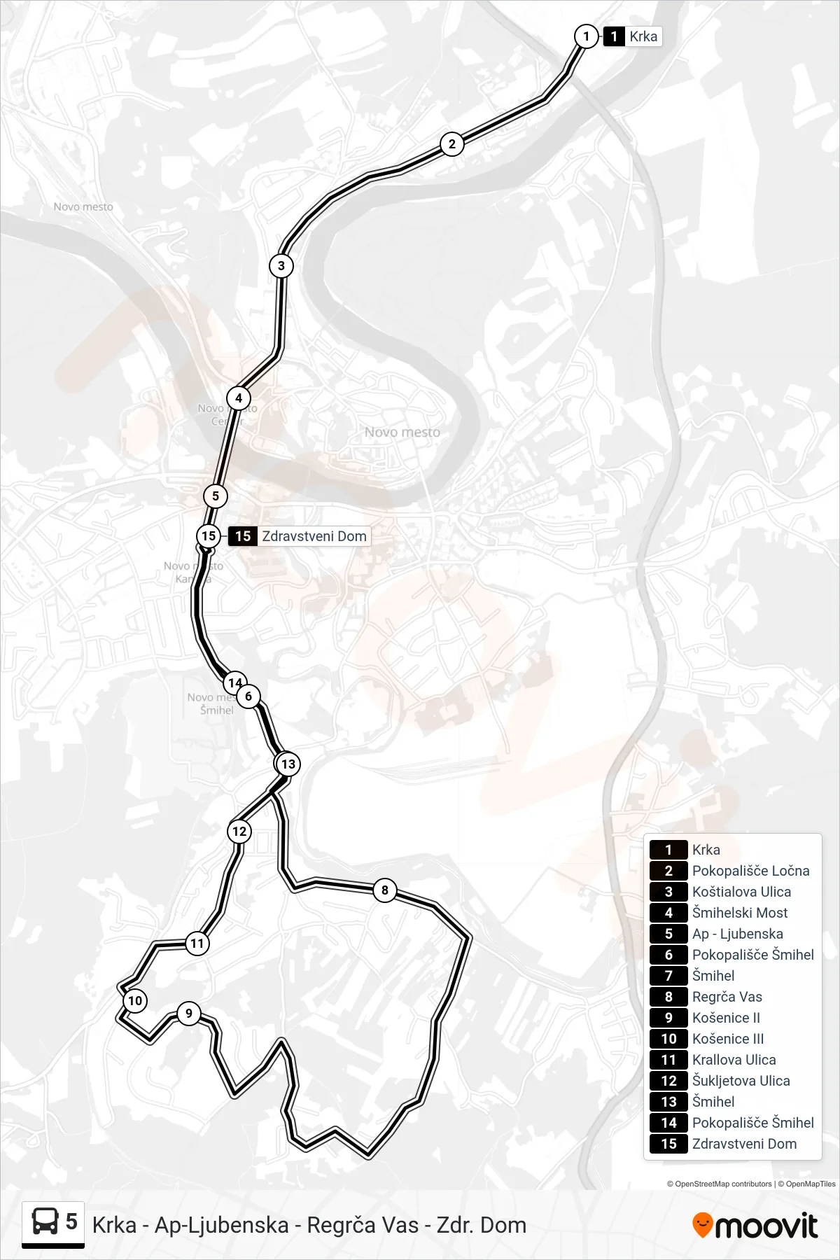 5 bus Line (Krka - Ap-Ljubenska - Regrča Vas - Zdr. Dom) route and stops on a map