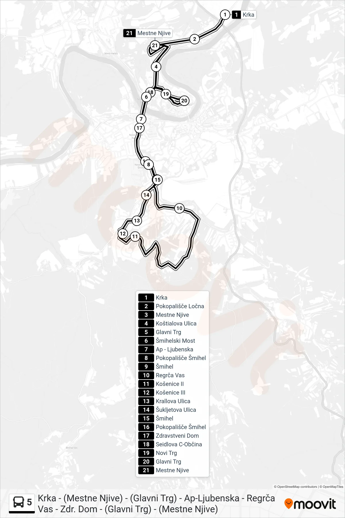 5 bus Line (Krka - (Mestne Njive) - (Glavni Trg) - Ap-Ljubenska - Regrča Vas - Zdr. Dom - (Glavni Trg) - (Mestne Njive)) route and stops on a map