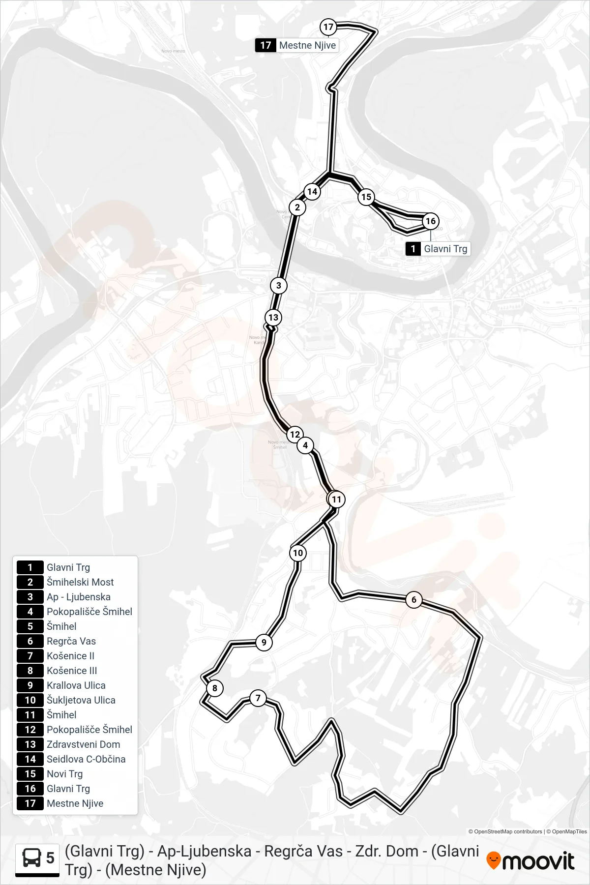 5 bus Line ((Glavni Trg) - Ap-Ljubenska - Regrča Vas - Zdr. Dom - (Glavni Trg) - (Mestne Njive)) route and stops on a map