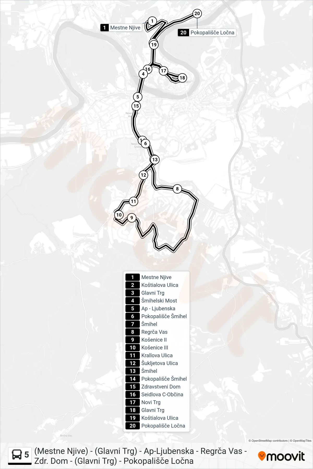 5 bus Line ((Mestne Njive) - (Glavni Trg) - Ap-Ljubenska - Regrča Vas - Zdr. Dom - (Glavni Trg) - Pokopališče Ločna) route and stops on a map