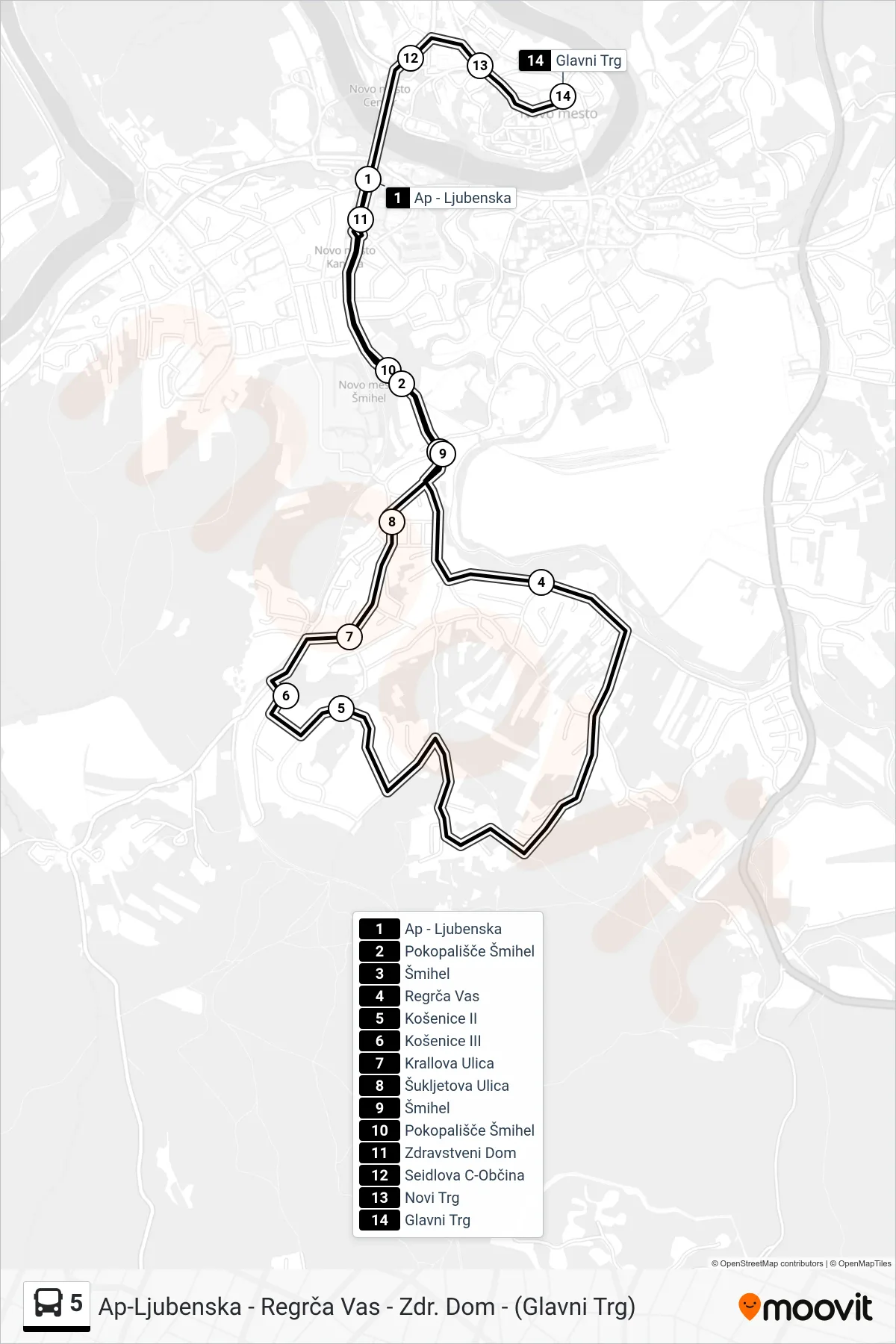 5 bus Line (Ap-Ljubenska - Regrča Vas - Zdr. Dom - (Glavni Trg)) route and stops on a map
