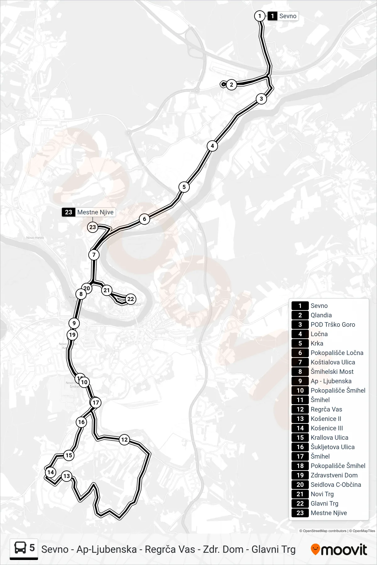 5 bus Line (Sevno - Ap-Ljubenska - Regrča Vas - Zdr. Dom - Glavni Trg) route and stops on a map