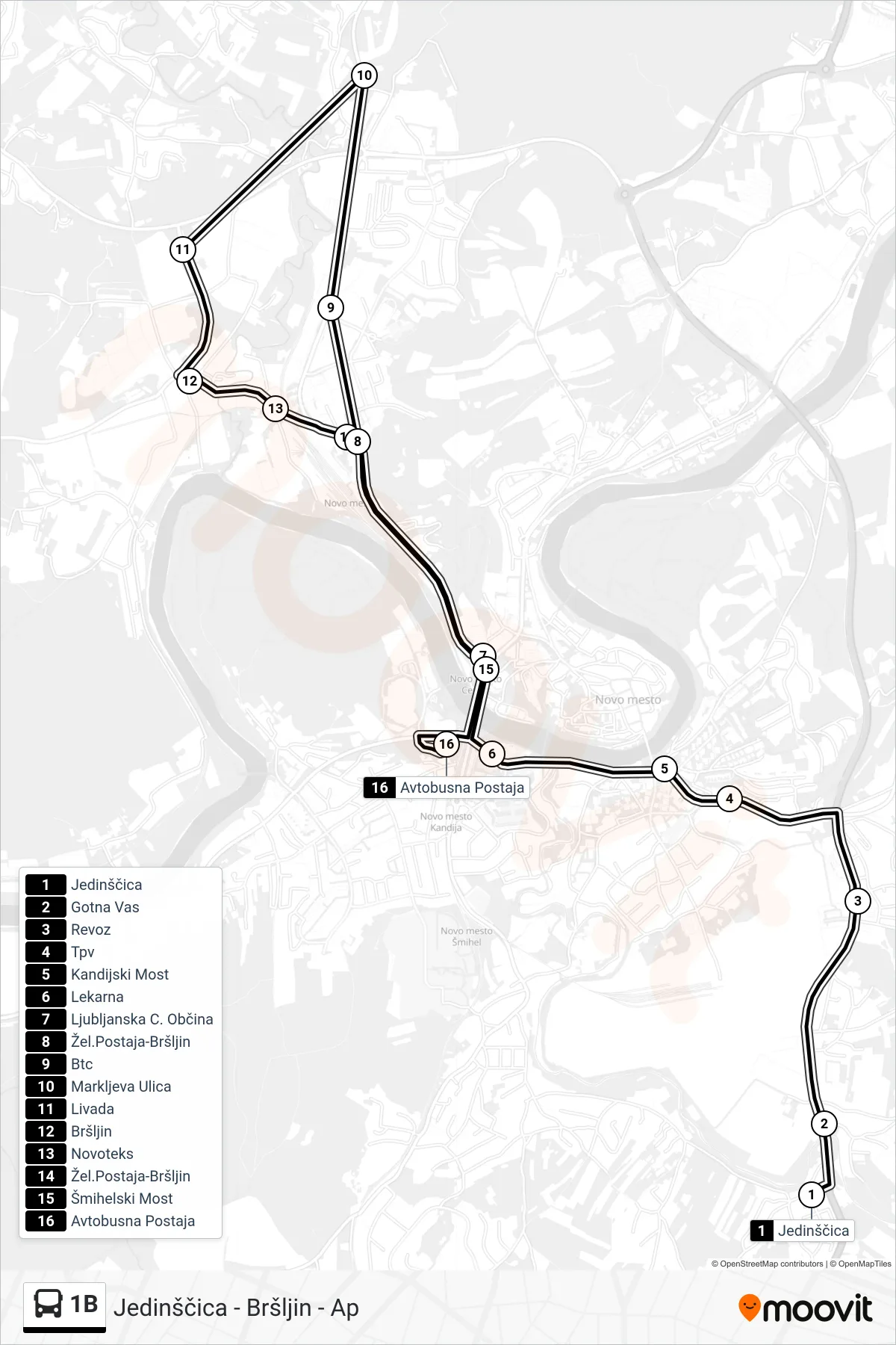 1B bus Line (Jedinščica - Bršljin - Ap) route and stops on a map