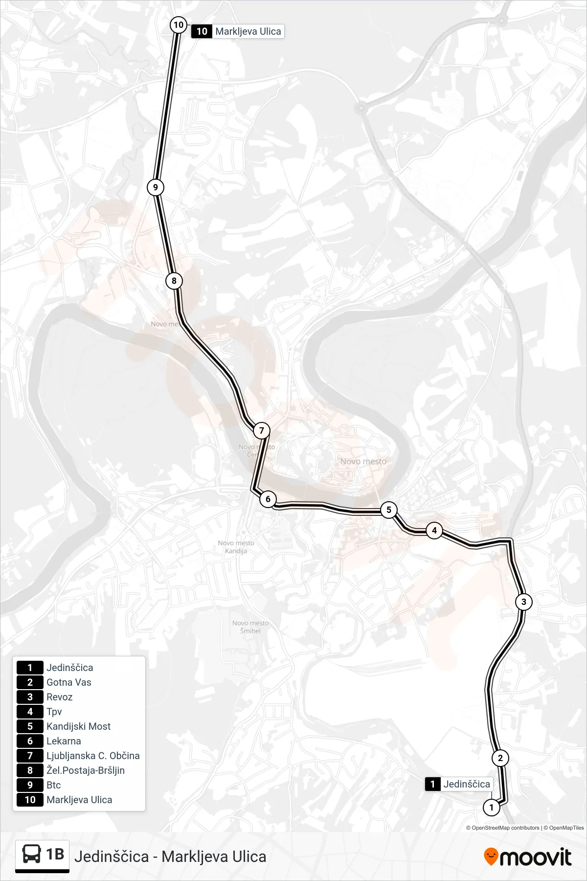 1B bus Line (Jedinščica - Markljeva Ulica) route and stops on a map