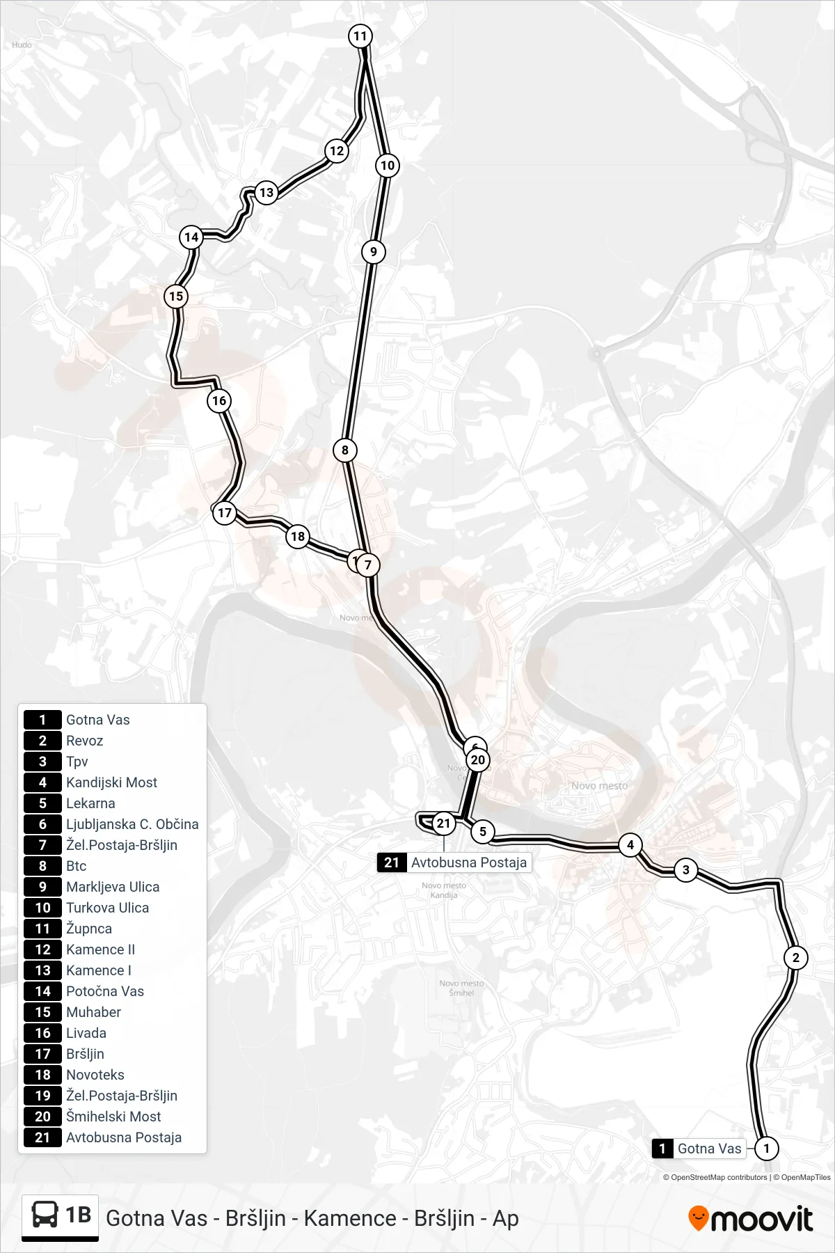 1B bus Line (Gotna Vas - Bršljin - Kamence - Bršljin - Ap) route and stops on a map