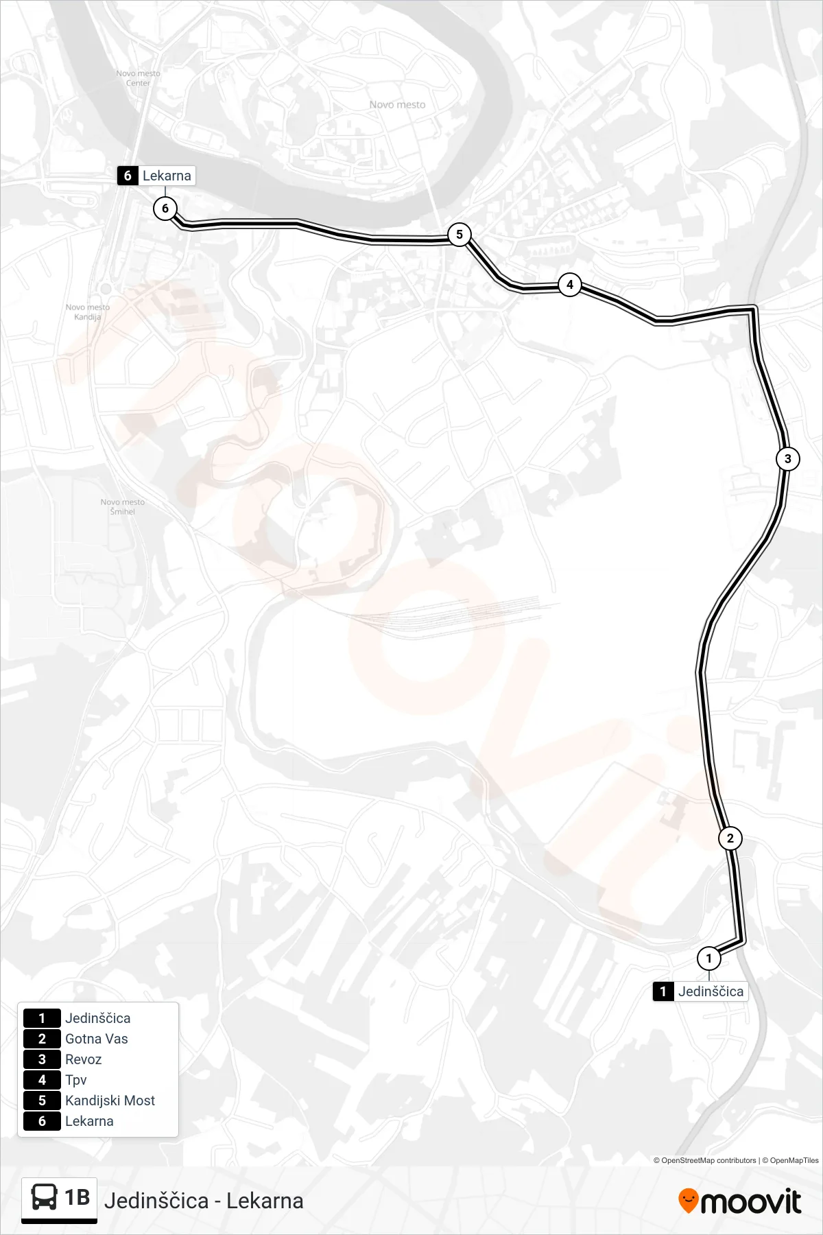 1B bus Line (Jedinščica - Lekarna) route and stops on a map