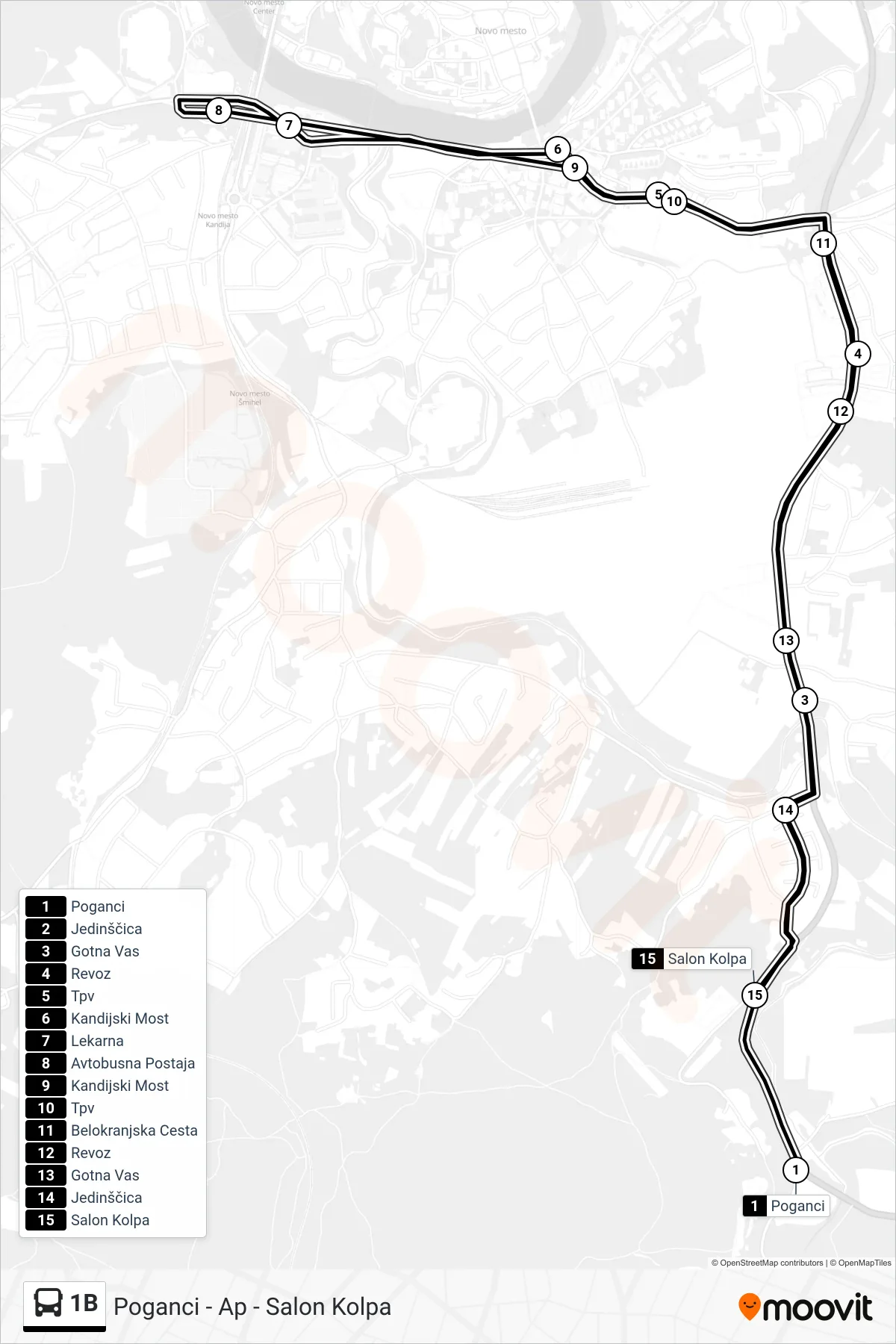 1B bus Line (Poganci - Ap - Salon Kolpa) route and stops on a map
