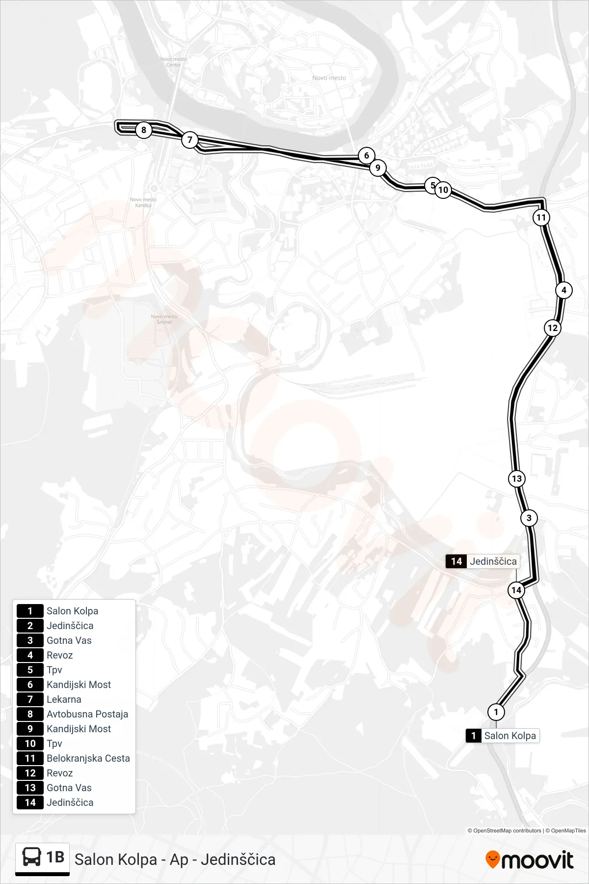 1B bus Line (Salon Kolpa - Ap - Jedinščica) route and stops on a map