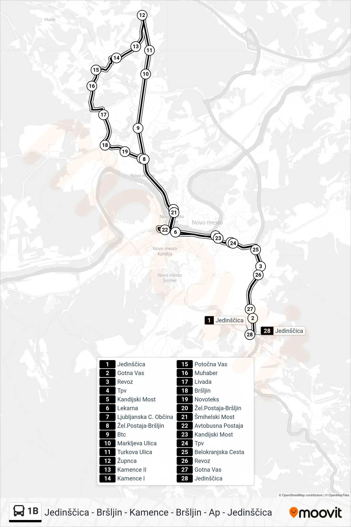 1B bus Line (Jedinščica - Bršljin - Kamence - Bršljin - Ap - Jedinščica) route and stops on a map
