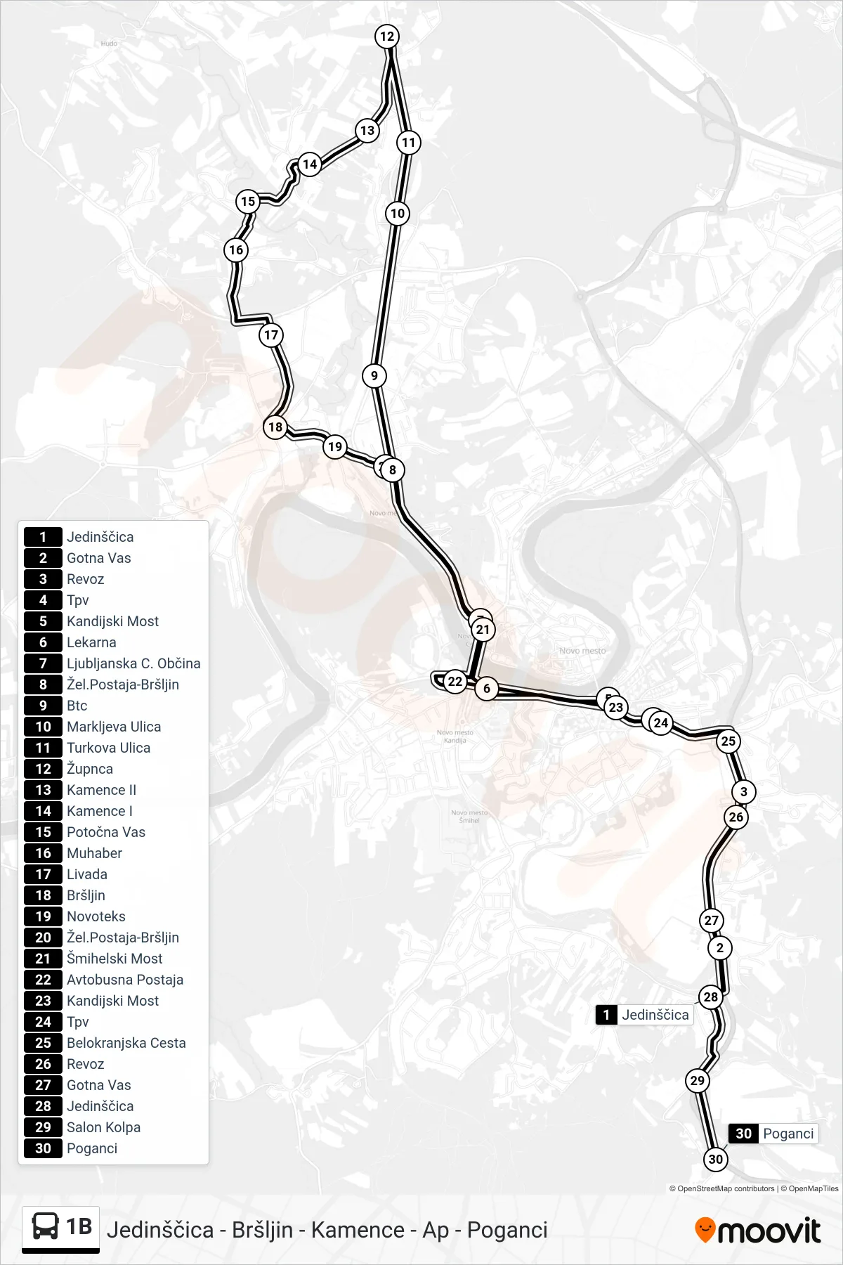 1B bus Line (Jedinščica - Bršljin - Kamence - Ap - Poganci) route and stops on a map