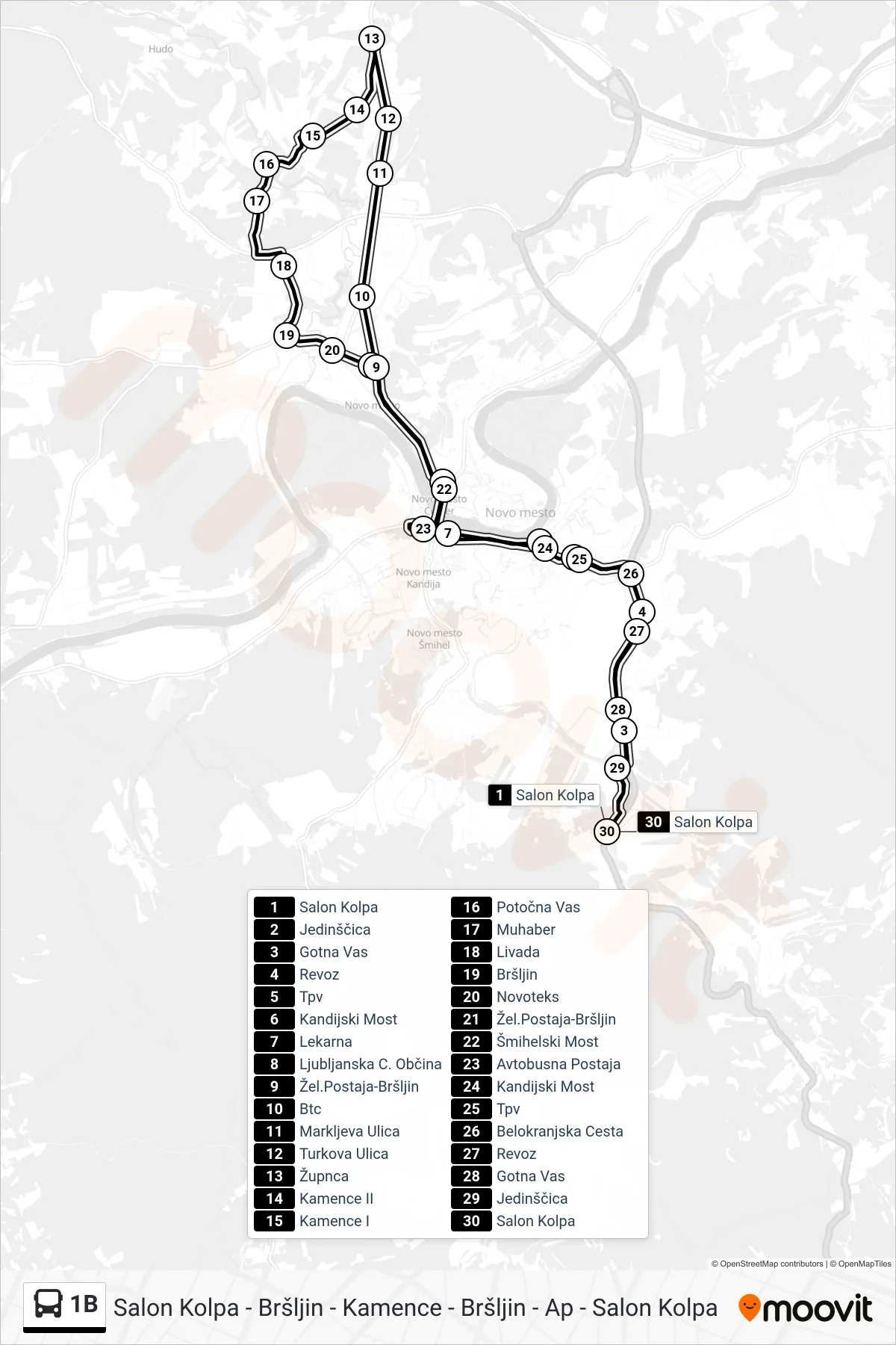 1B bus Line (Salon Kolpa - Bršljin - Kamence - Bršljin - Ap - Salon Kolpa) route and stops on a map