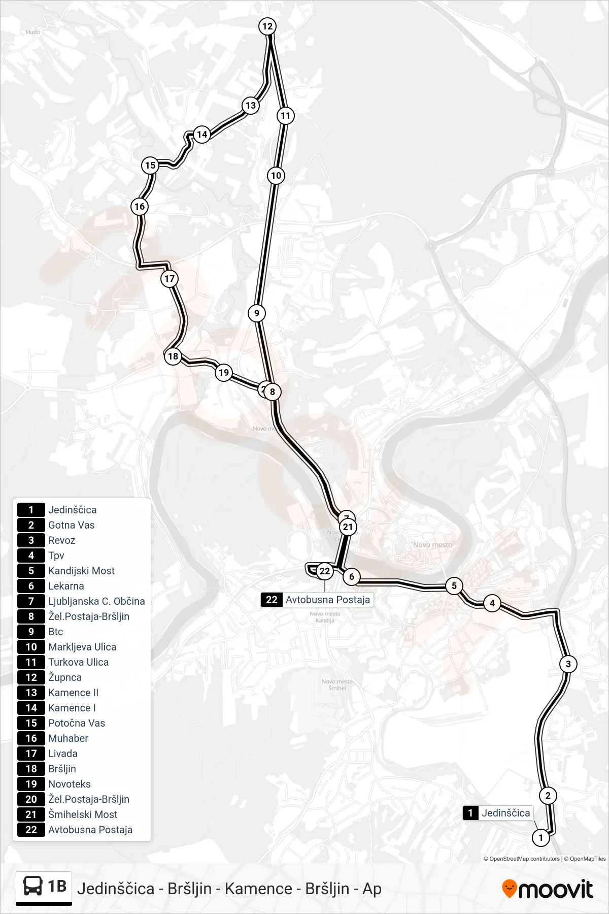 1B bus Line (Jedinščica - Bršljin - Kamence - Bršljin - Ap) route and stops on a map