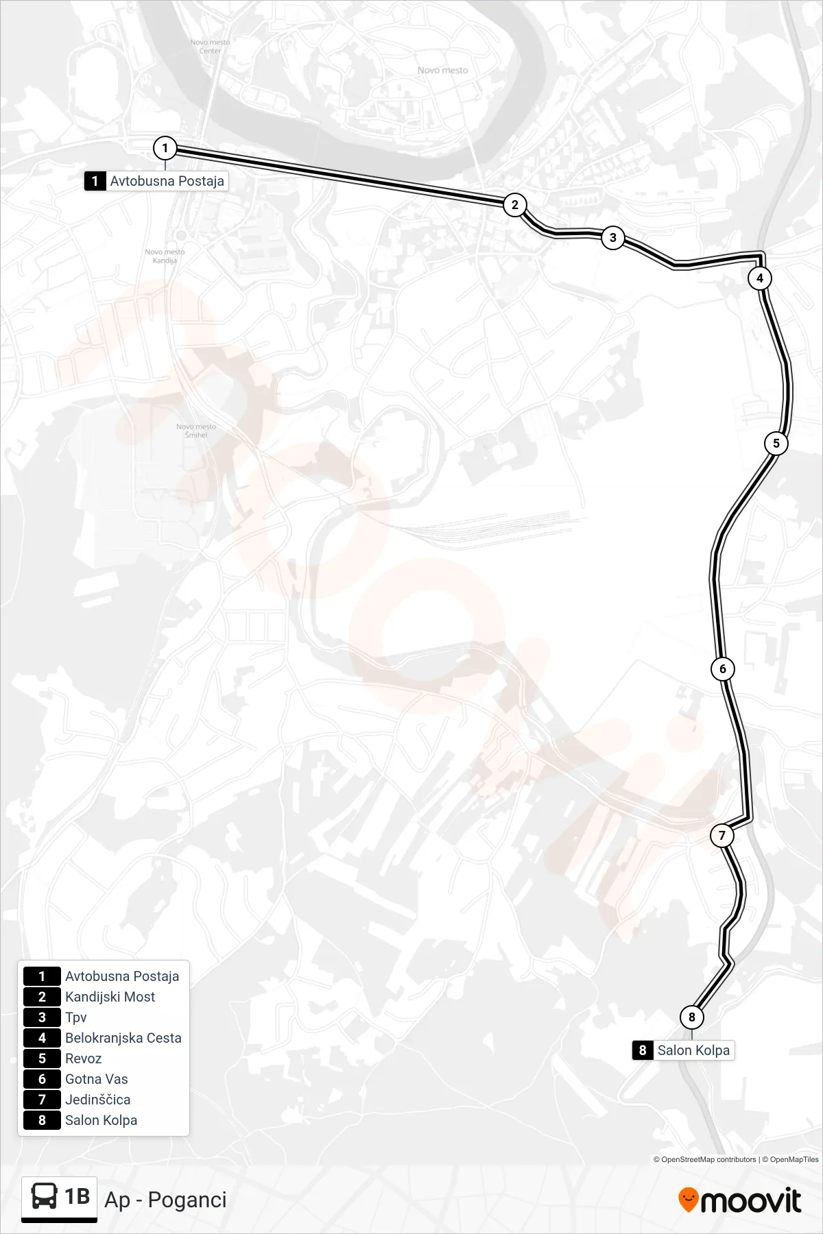 1B bus Line (Ap - Poganci) route and stops on a map