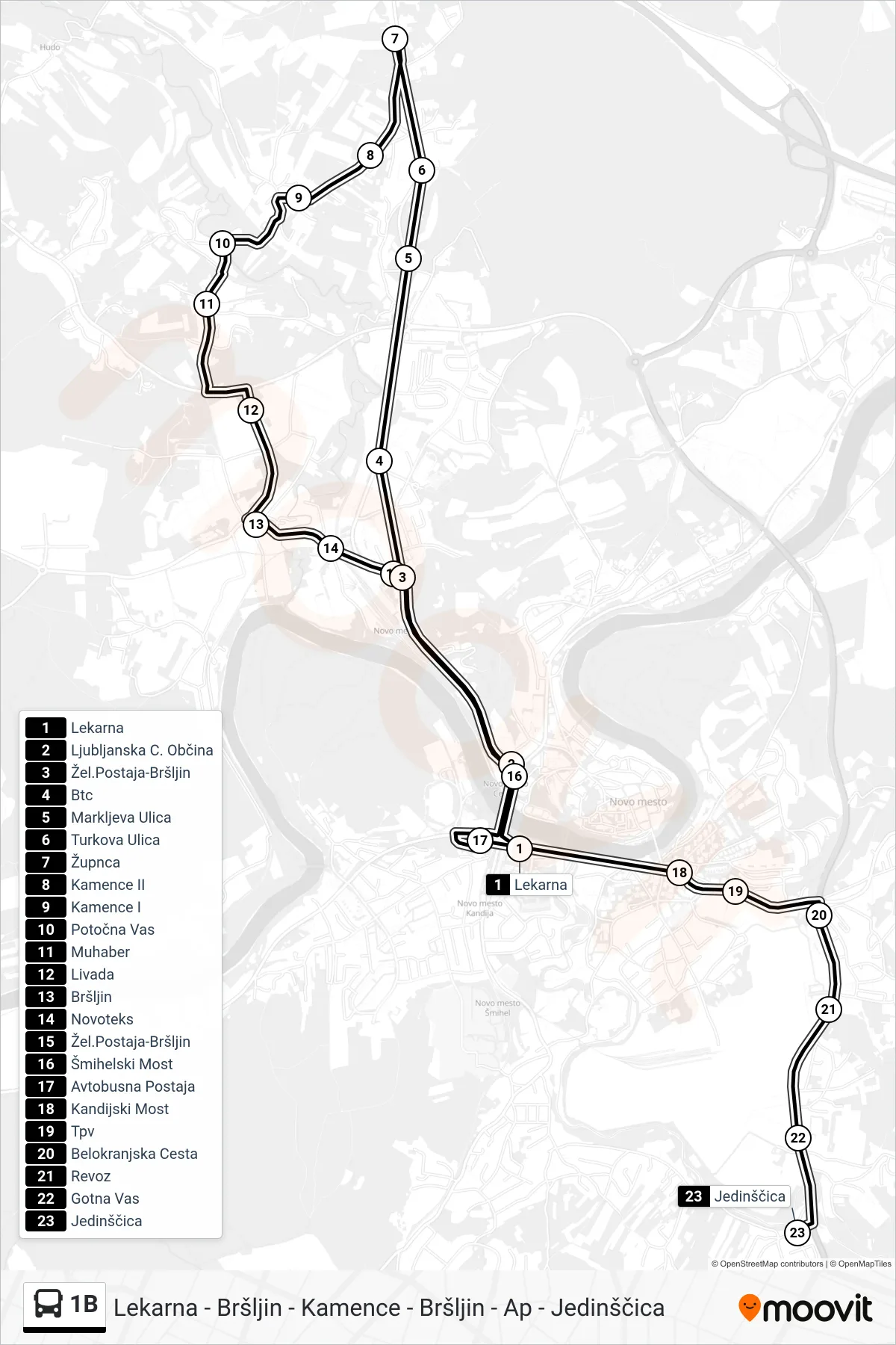 1B bus Line (Lekarna - Bršljin - Kamence - Bršljin - Ap - Jedinščica) route and stops on a map