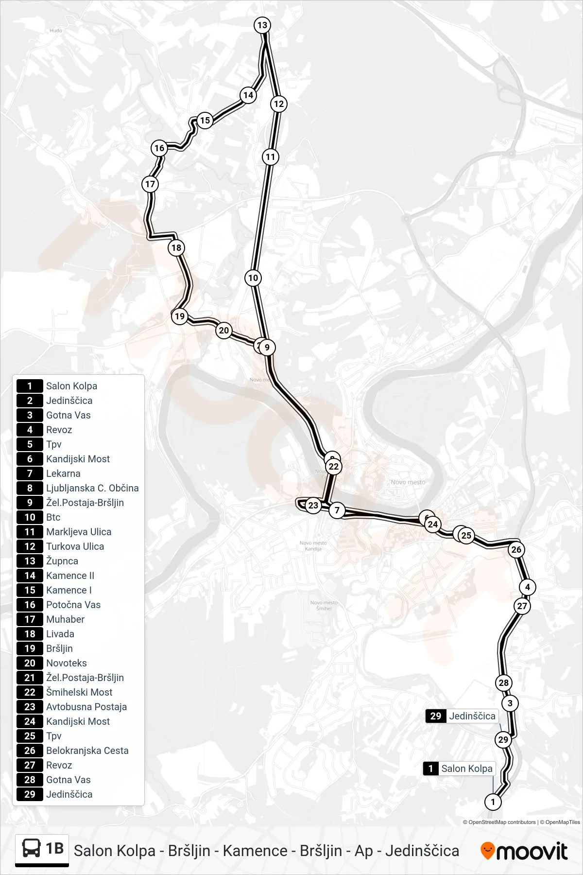 1B bus Line (Salon Kolpa - Bršljin - Kamence - Bršljin - Ap - Jedinščica) route and stops on a map