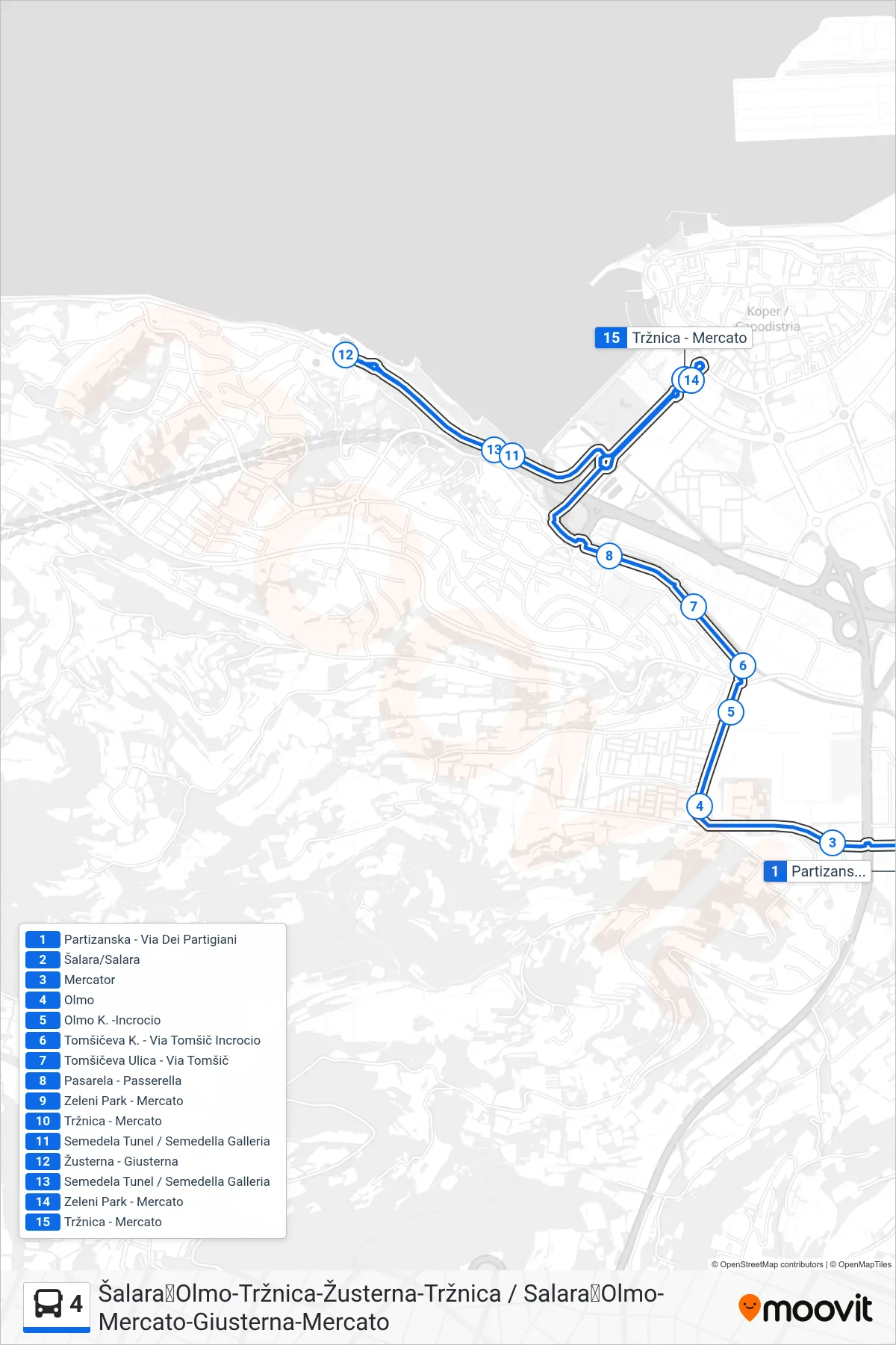 4 bus Line (Šalara➜Olmo-Tržnica-Žusterna-Tržnica / Salara➜Olmo-Mercato-Giusterna-Mercato) route and stops on a map