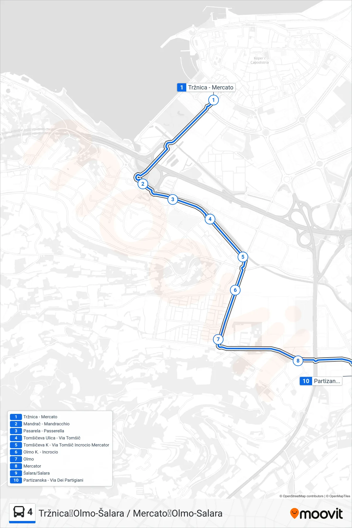 4 bus Line (Tržnica➜Olmo-Šalara / Mercato➜Olmo-Salara) route and stops on a map
