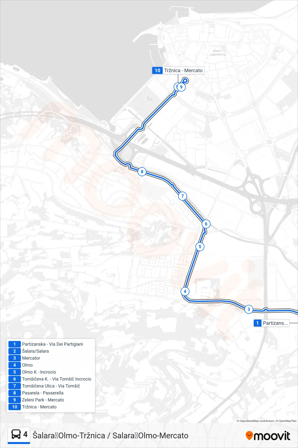 4 bus Line (Šalara➜Olmo-Tržnica / Salara➜Olmo-Mercato) route and stops on a map