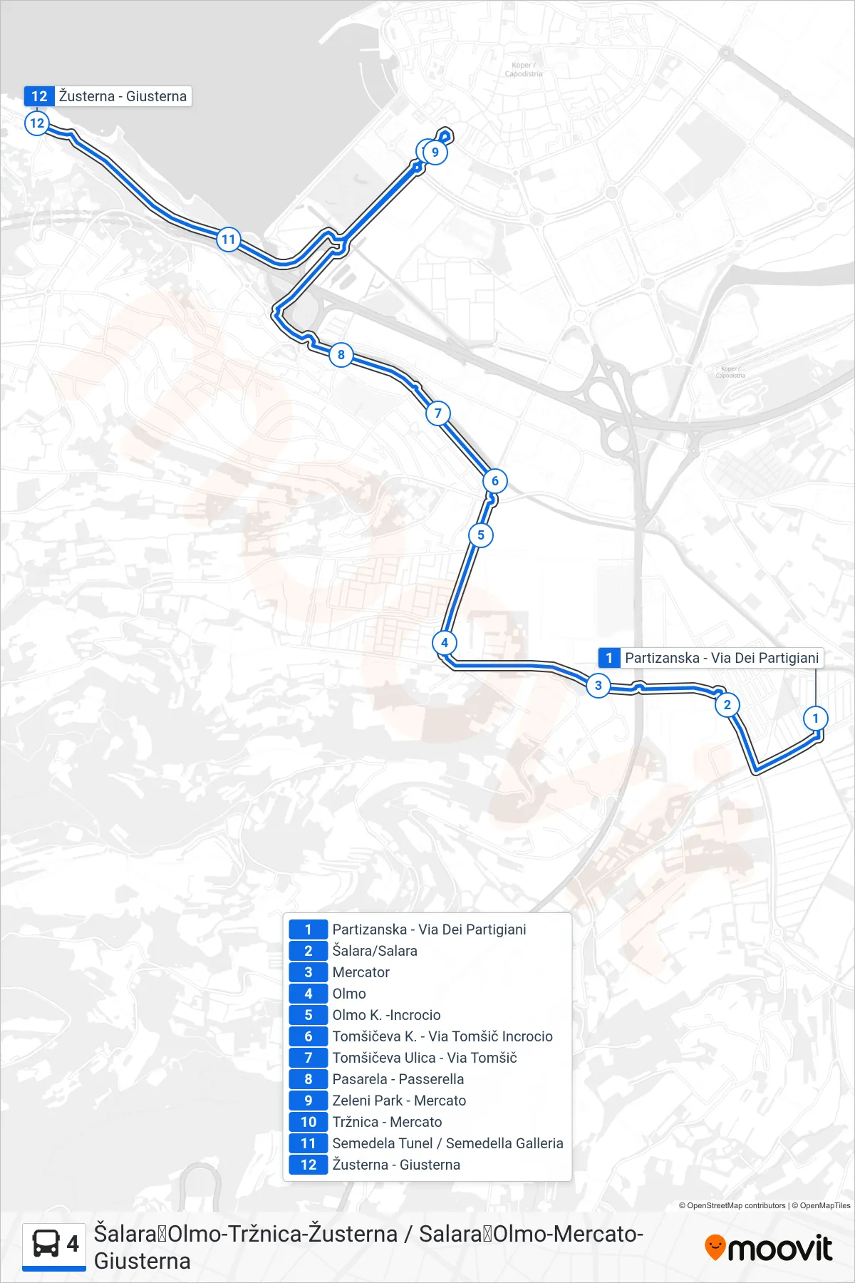 4 bus Line (Šalara➜Olmo-Tržnica-Žusterna / Salara➜Olmo-Mercato-Giusterna) route and stops on a map