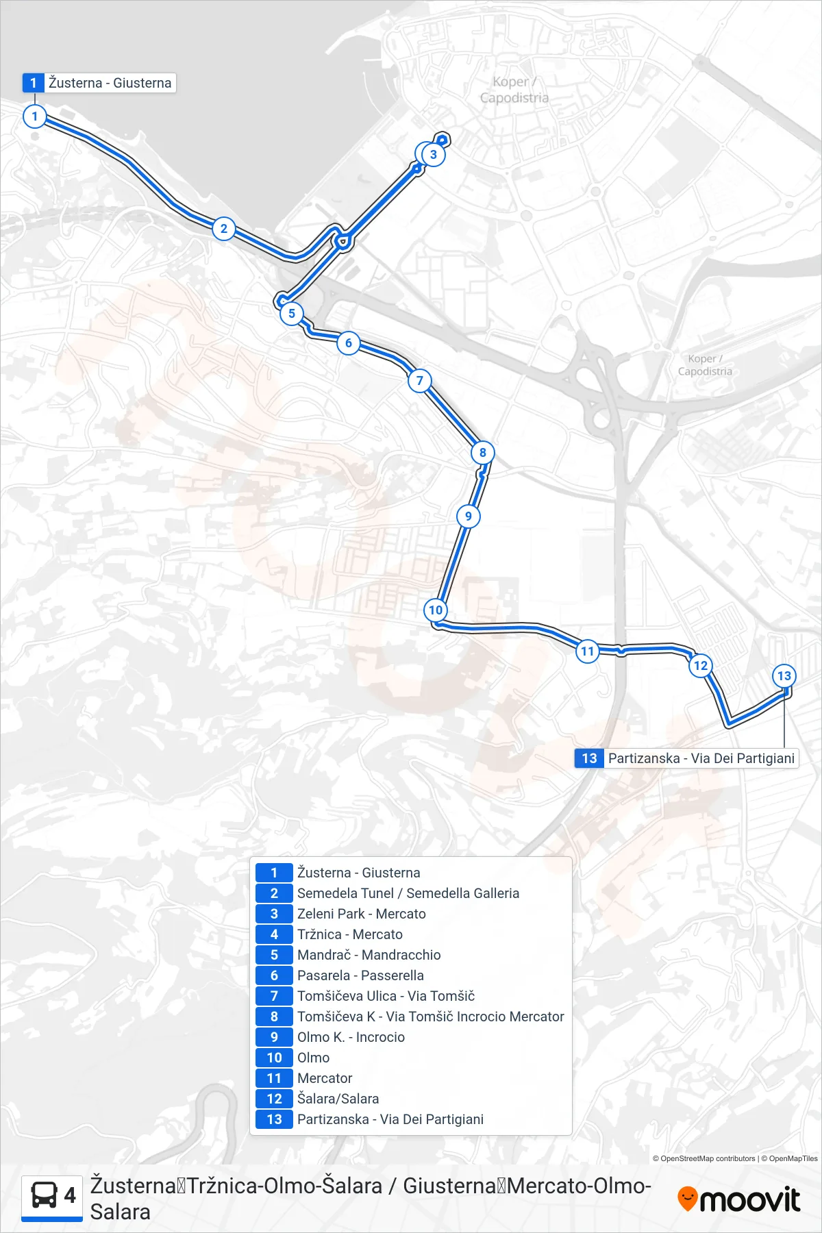 4 bus Line (Žusterna➜Tržnica-Olmo-Šalara / Giusterna➜Mercato-Olmo-Salara) route and stops on a map