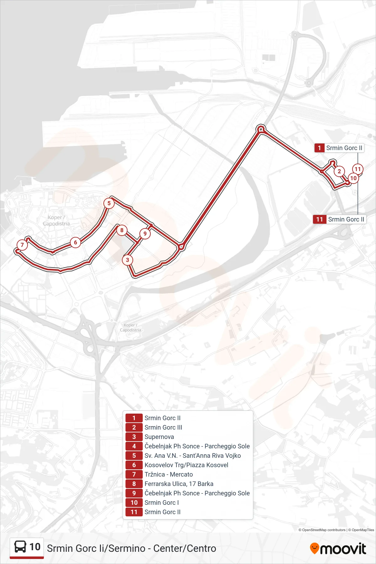 10 bus Line (Srmin Gorc Ii/Sermino - Center/Centro) route and stops on a map