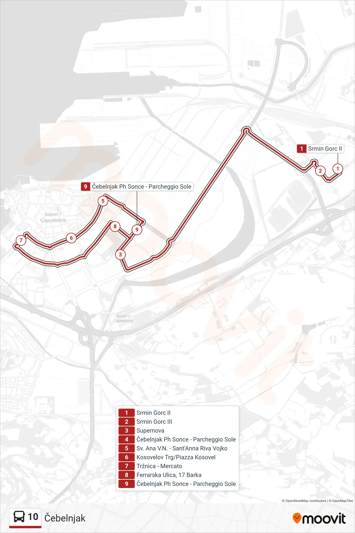 10 bus Line (Čebelnjak) route and stops on a map
