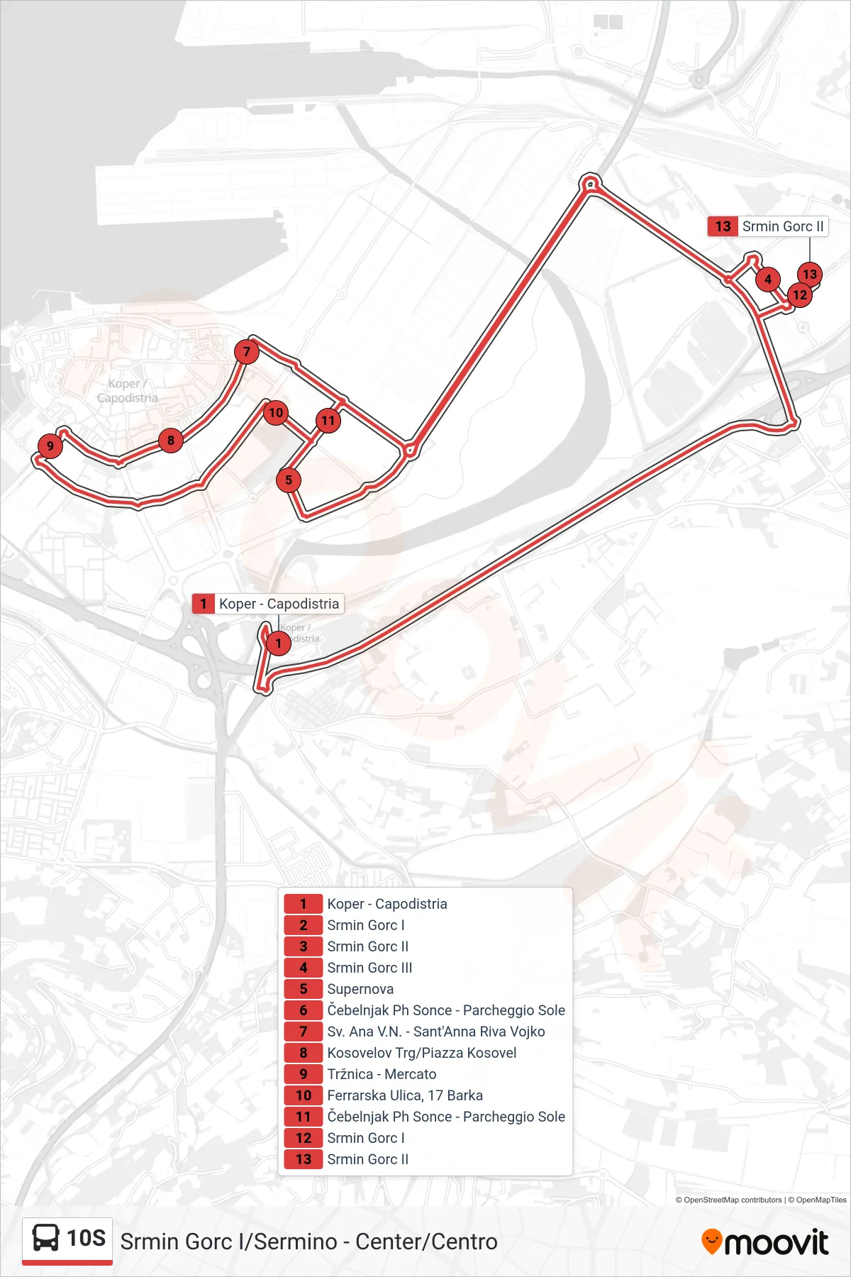 10S bus Line (Srmin Gorc I/Sermino - Center/Centro) route and stops on a map