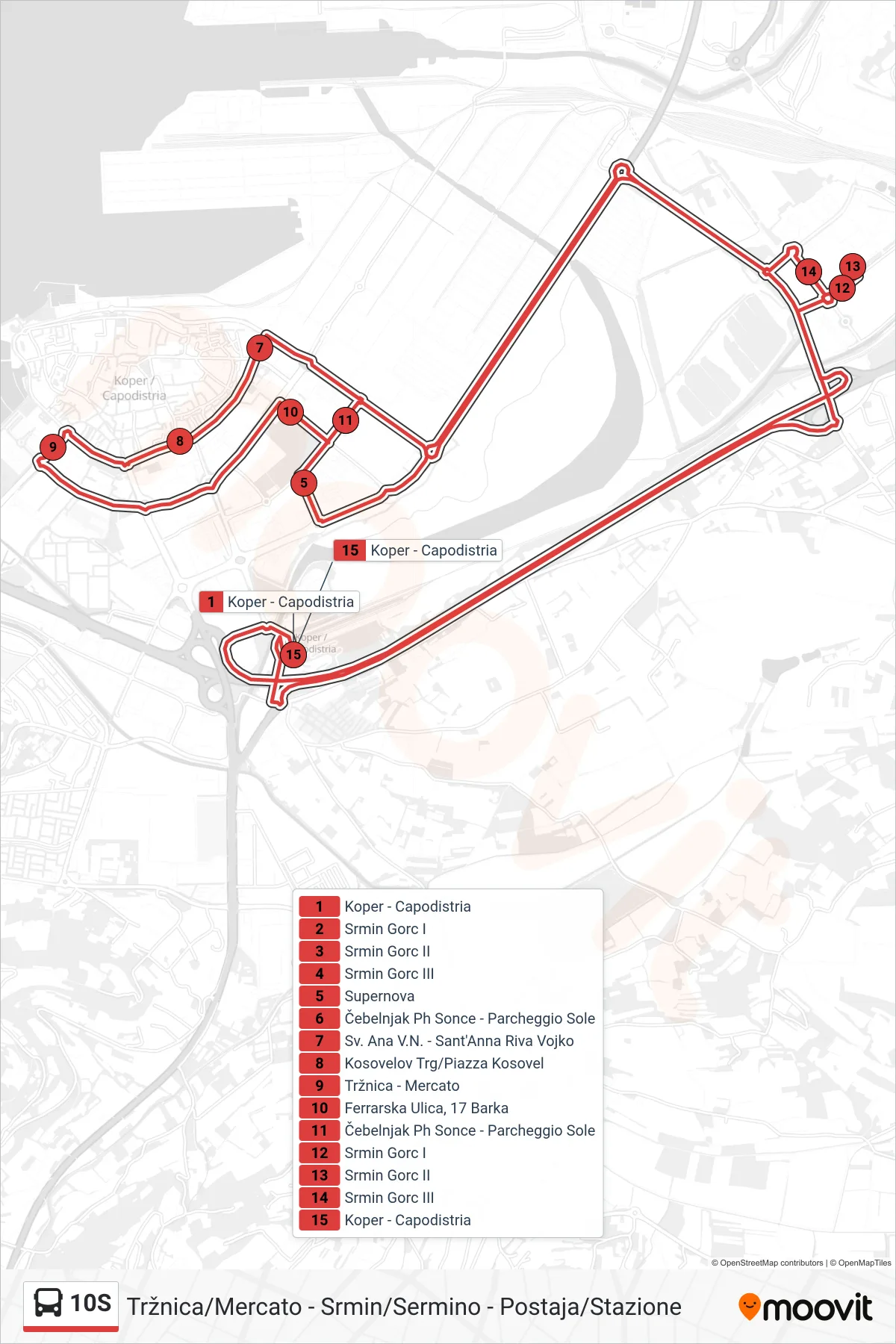 10S bus Line (Tržnica/Mercato - Srmin/Sermino - Postaja/Stazione) route and stops on a map