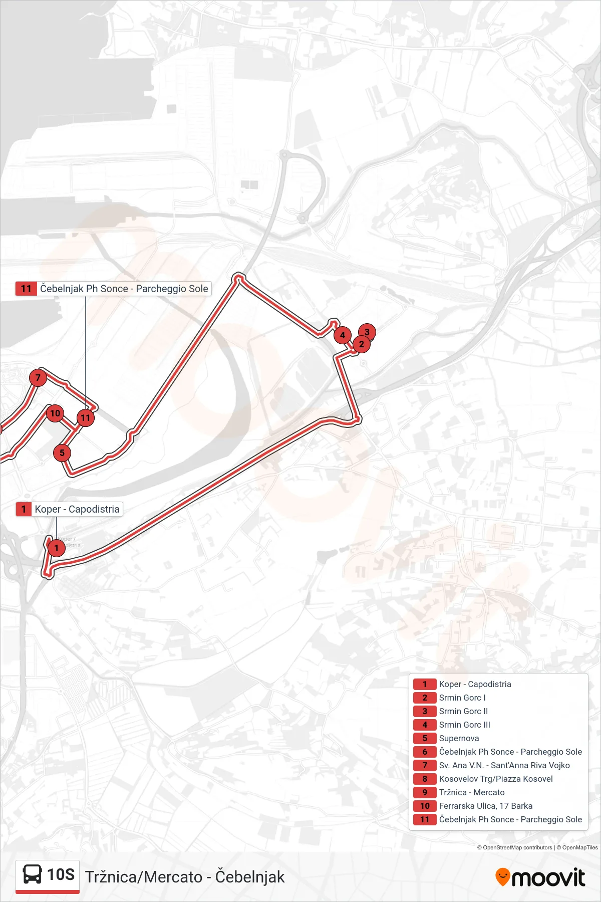 10S bus Line (Tržnica/Mercato - Čebelnjak) route and stops on a map