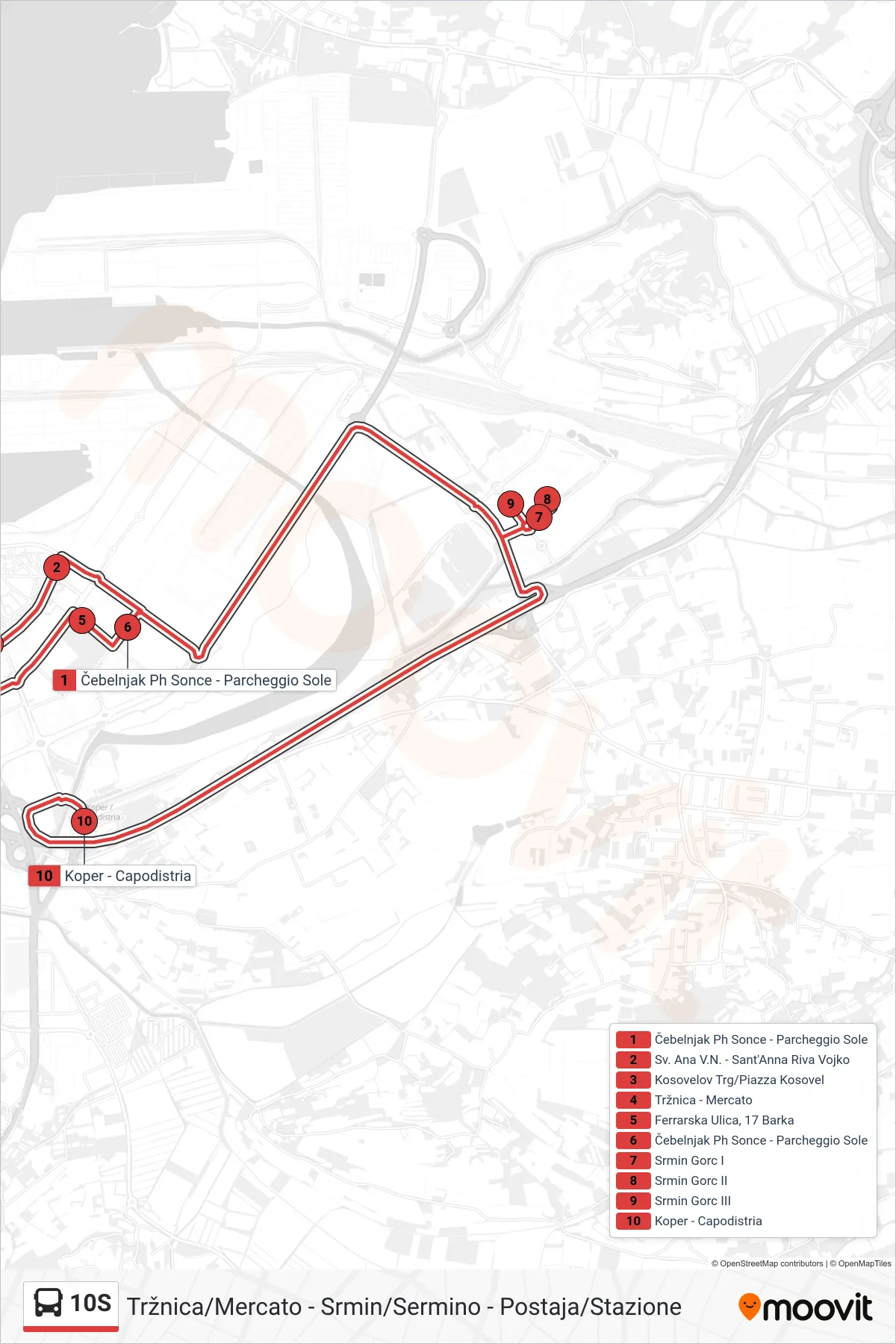 10S bus Line (Tržnica/Mercato - Srmin/Sermino - Postaja/Stazione) route and stops on a map