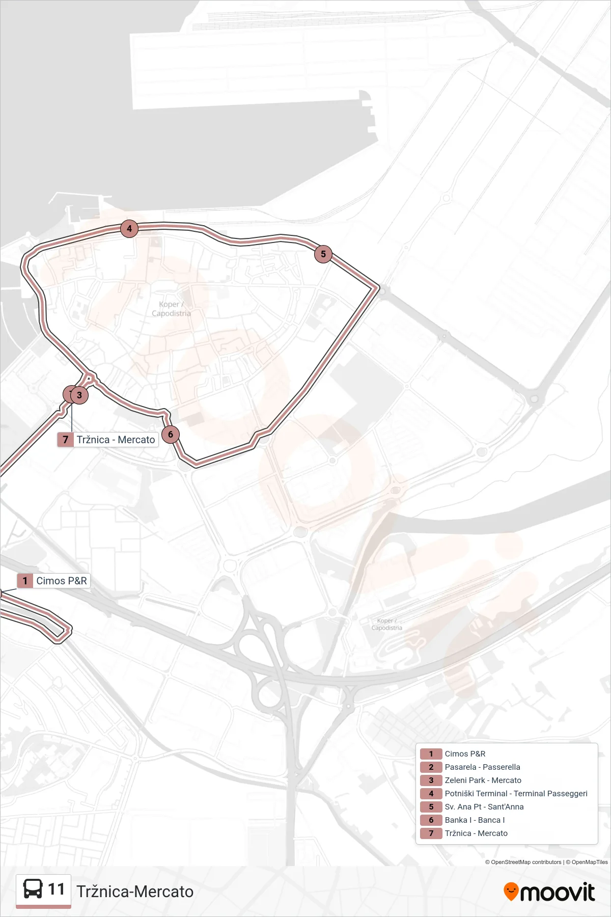 11 bus Line (Tržnica-Mercato) route and stops on a map
