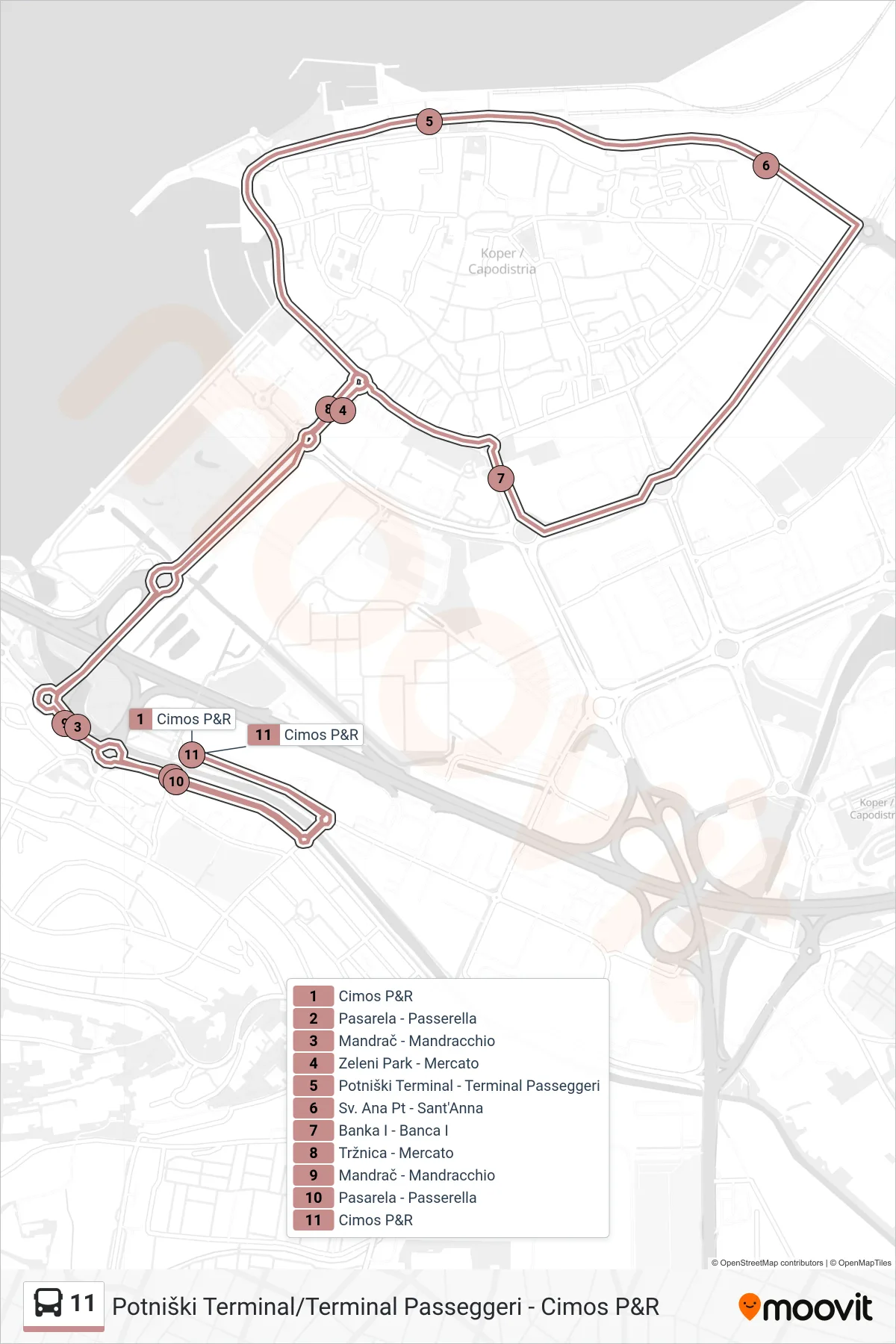 11 bus Line (Potniški Terminal/Terminal Passeggeri - Cimos P&R) route and stops on a map