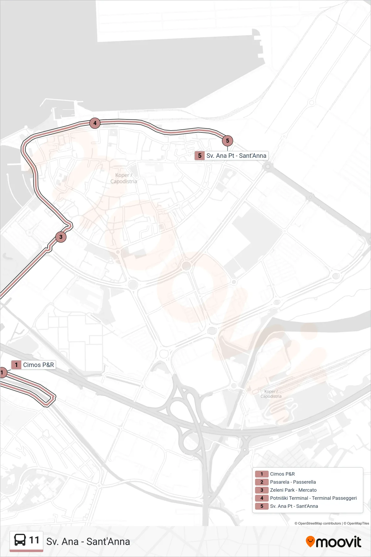11 bus Line (Sv. Ana - Sant'Anna) route and stops on a map