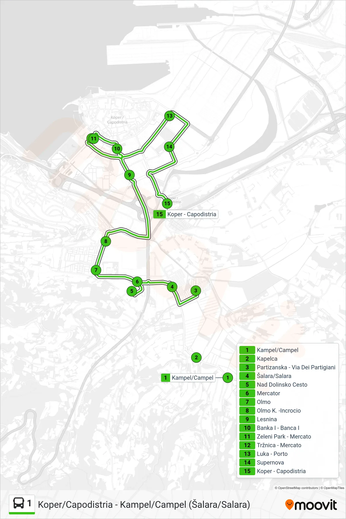 1 bus Line (Postaja - Stazione) route and stops on a map
