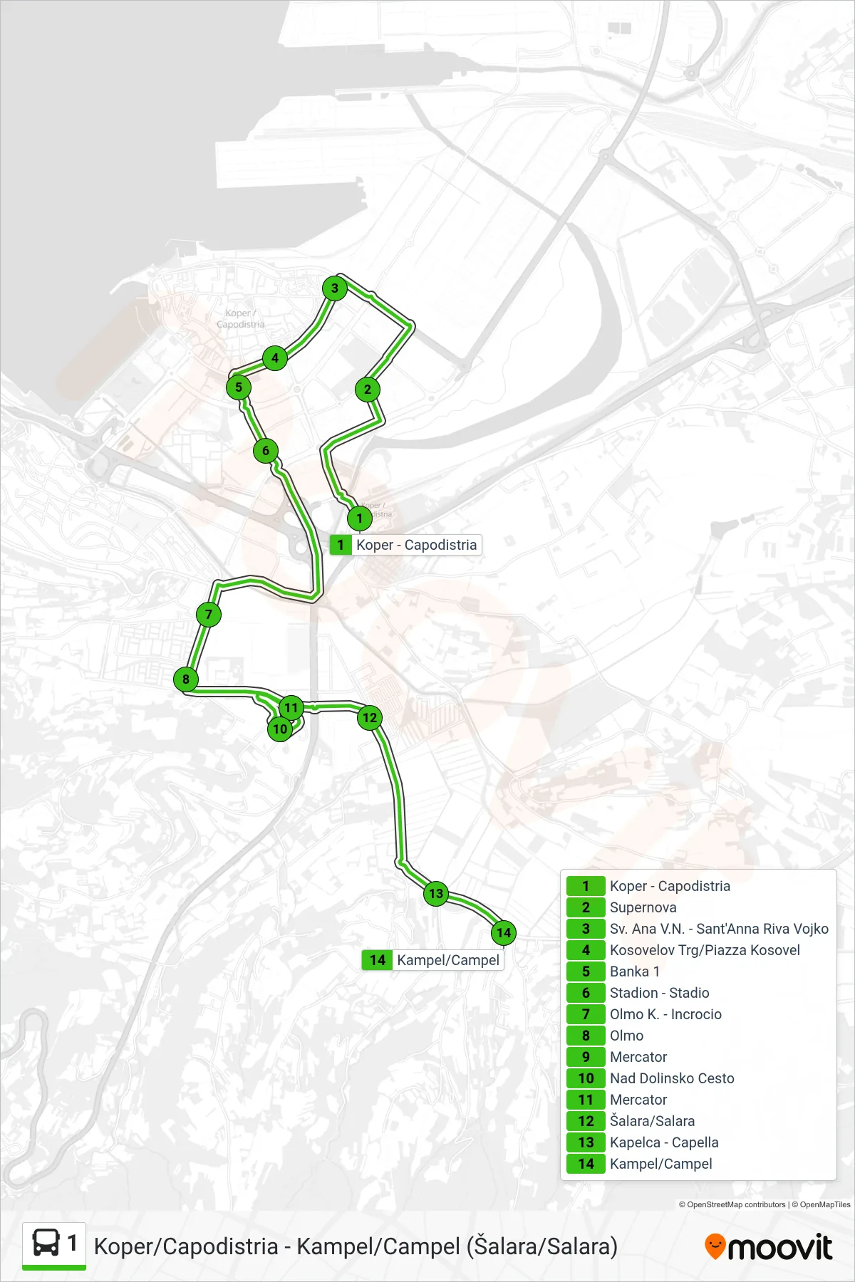 1 bus Line (Kampel-Campel) route and stops on a map