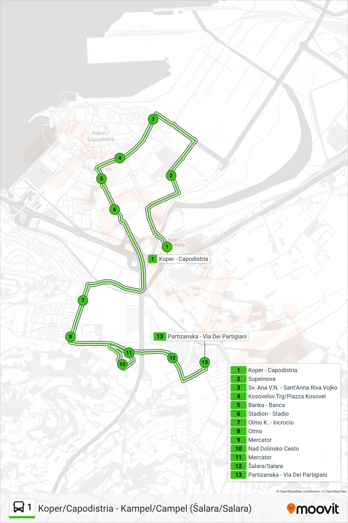 1 bus Line (Partizanska - Via Dei Partigiani) route and stops on a map