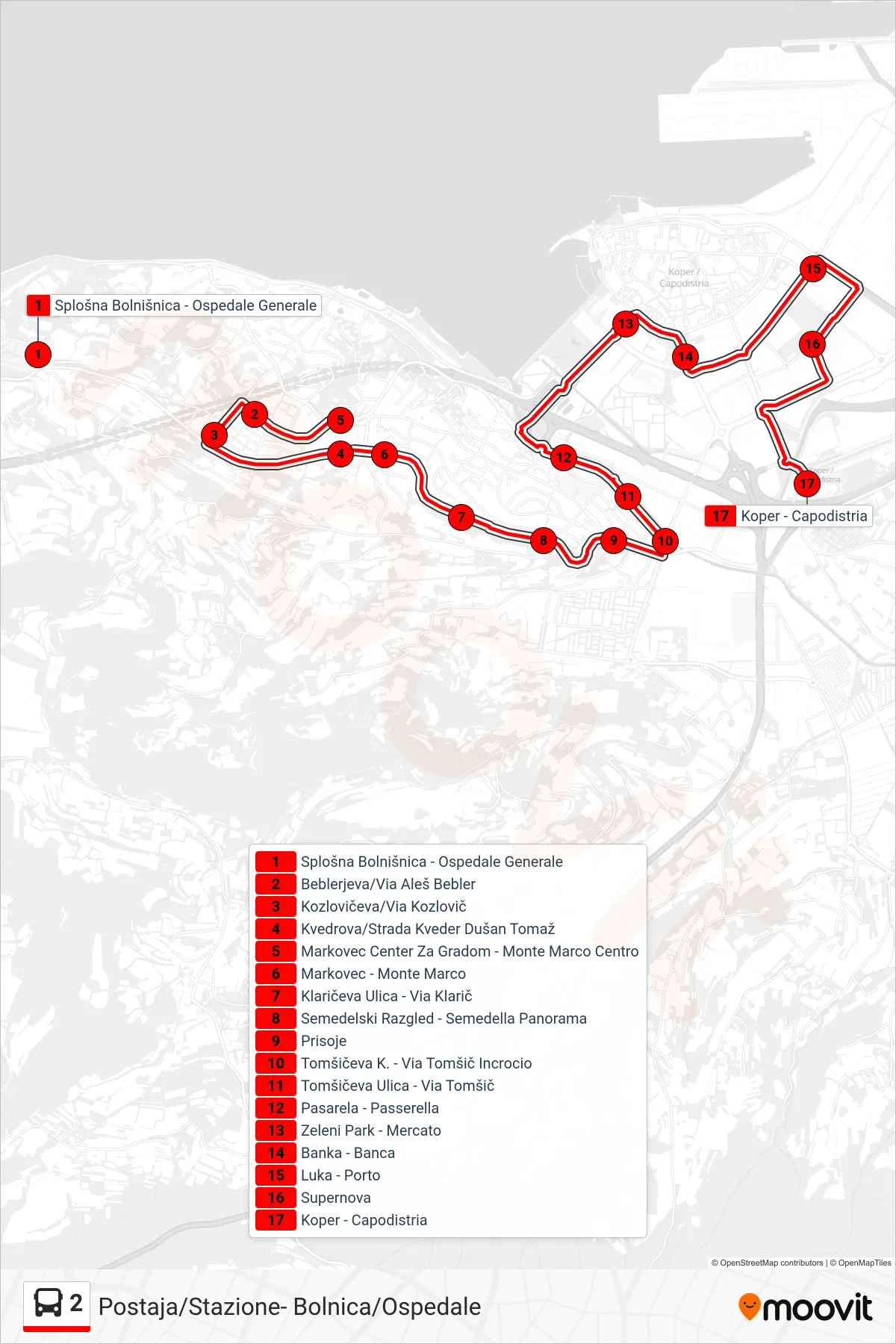 2 bus Line (Postaja - Stazione) route and stops on a map